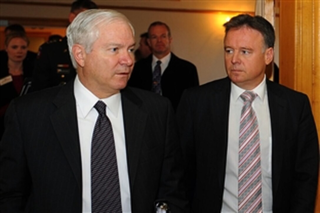 U.S. Defense Secretary Robert M. Gates walks with Australian Minister of Defense Joel Fitzgibbon after having a meeting with him in Cornwallis Park, Nova Scotia, Nov. 21, 2008. The two are taking part in discussions of International Security Assistance Forces, Regional Command South, which is comprised of forces from Canada, Australia, Denmark, Estonia, Netherlands, Romania, United Kingdom, and the United States. 