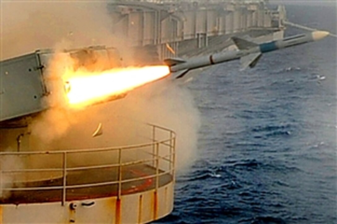 A NATO Sea Sparrow missile launches Nov. 20, 2008, during a live-fire missile exercise aboard the Nimitz-class aircraft carrier USS Dwight D. Eisenhower. The Eisenhower is conducting carrier qualifications in the Atlantic Ocean.