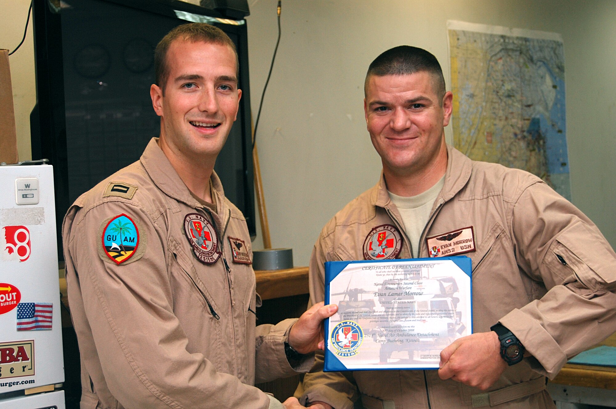 Aviation Warfare Systems Operator-Helicopter Petty Officer 2nd Class Evan Morrow, HELSEACOMBATRON Two Five is continuing his Naval service following a small ceremony held at Camp Buehring, Kuwait Oct. 30 officiated by Lt. Geoff Nordling.  AWS2 Morrow has been in the U.S. Navy since 2003 and will receive over $36,000 tax free for his five-year commitment.  

Petty Officer Morrow reported to HSC-25 in July 2005 where he served as a Search and Rescue Swimmer, Aircrewman and Crew Chief.  He has previously deployed to 7th Fleet aboard USS Essex where he flew in the Japanese islands, Philipines, Burma in support of Operations Cobra Gold ?08, Balacataan ?08 and Caring Respnse. AWS2 Morrow is currently deployed to Camp Buehring, Kuwait with the 2515th Naval Air Ambulance Detachment, flying essential medical evacuation missions into southern Iraq in support of Operation Iraqi Freedom. 

His family and fianc? Shanel have been very supportive during this milestone in his career.  Many thanks for their encouragement and support in his decision to Stay Navy!
