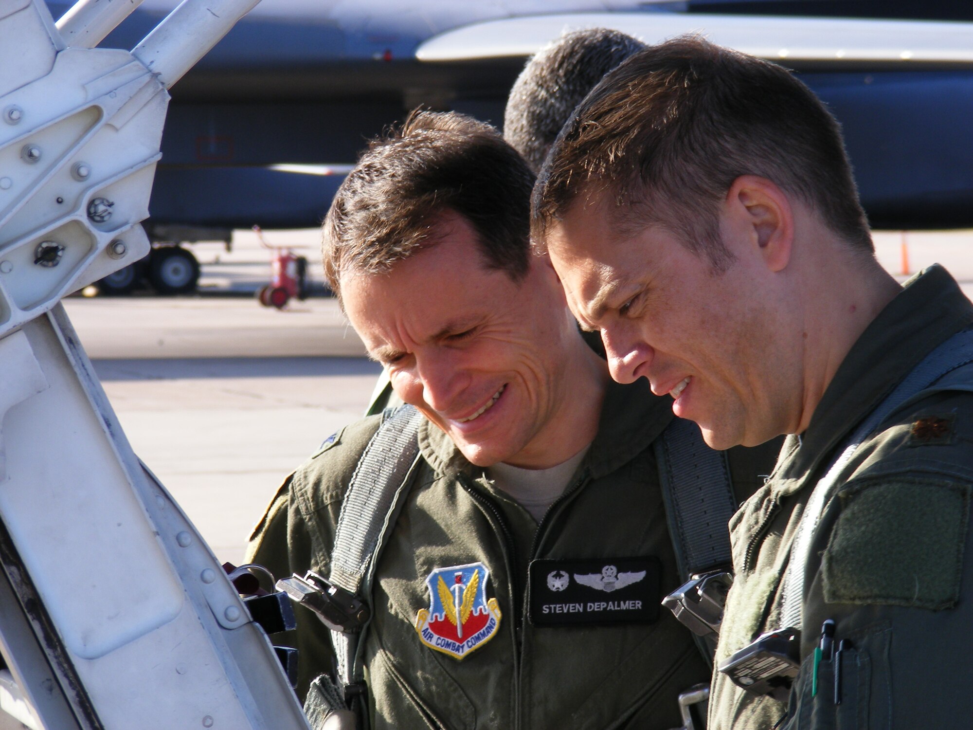 DYESS AIR FORCE BASE, Fla.- Colonel Steven DePalmer, 53rd Wing commander, goes over preliminaries before his flight in the B-1B Lancer during his visit to the at 337th Test and Evaluation Squadron here.  (Courtesy photo)