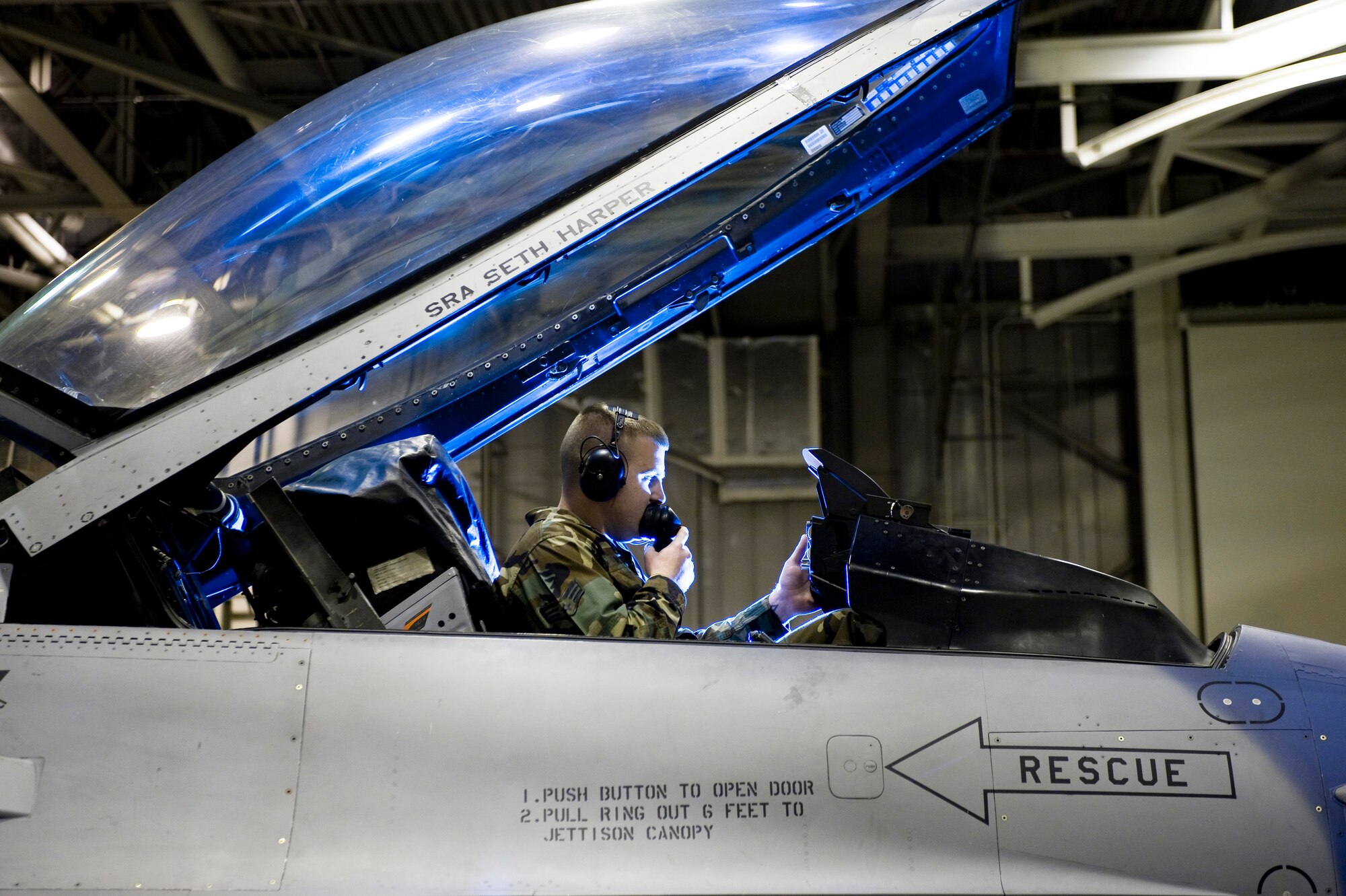 Senior Airman Jonathan Modler trouble shoots the electronic system on a F-16 Fighting Falcon Nov. 21, 2008, at Eielson Air Force Base, Alaska. The 354th Maintenance Squadron avionics flight is responsible for maintaining navigation and weapons system electronics on F-16 Aggressors of the 18th Aggressor Squadron enabling them to be mission-ready. He is assigned to the 354th Maintenance Squadron avionics flight.  (U.S. Air Force photo/Senior Airman Jonathan Snyder)