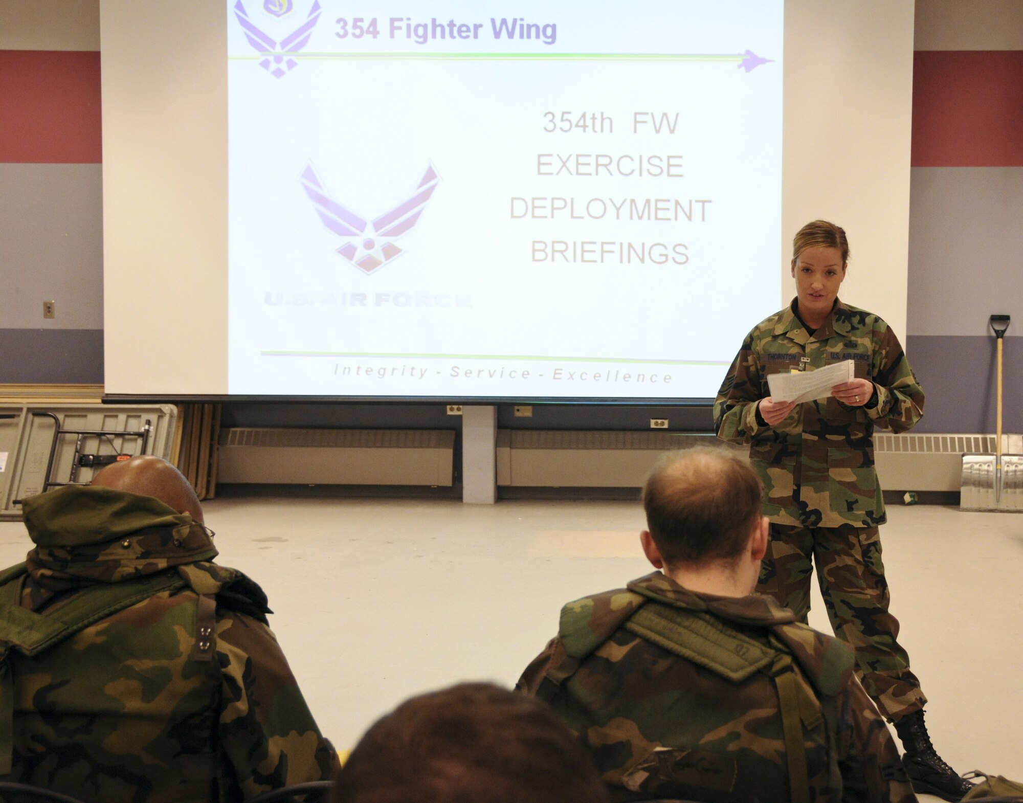Staff Sgt. Victoria Thornton gives a pre-deployment speech Nov. 21, 2008 at Eielson Air Force Base, Alaska. The briefing is part of a deployment readiness exercise that helps prepare Airmen to deploy at a moment's notice. (U.S. Air Force photo/Airman Laura Max)