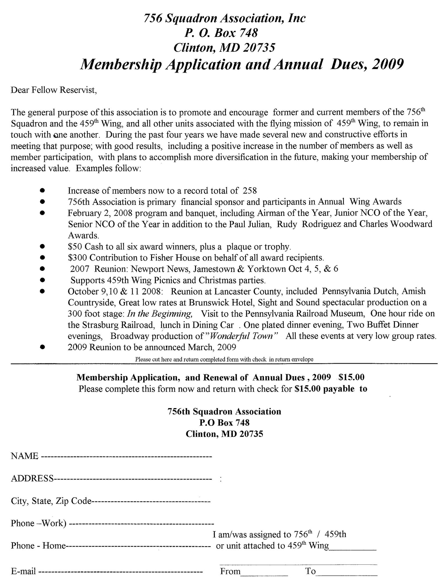 The 756th Squadron Association is in search of new members.  The purpose of this association is to promote and encourage former and current members of units associated with the flying mission of the 459th Air Refueling Wing to remain in touch with one another.  The 756th Association also gives back to the wing serving as the primary financial sponsor for the annual wing awards banquet, including providing awards to the Airman of the Year, Junior NCO of the year, and Senior NCO of the.  If you are interested in becoming a member of the 756th Association, please download the above application which includes instructions on how to join.