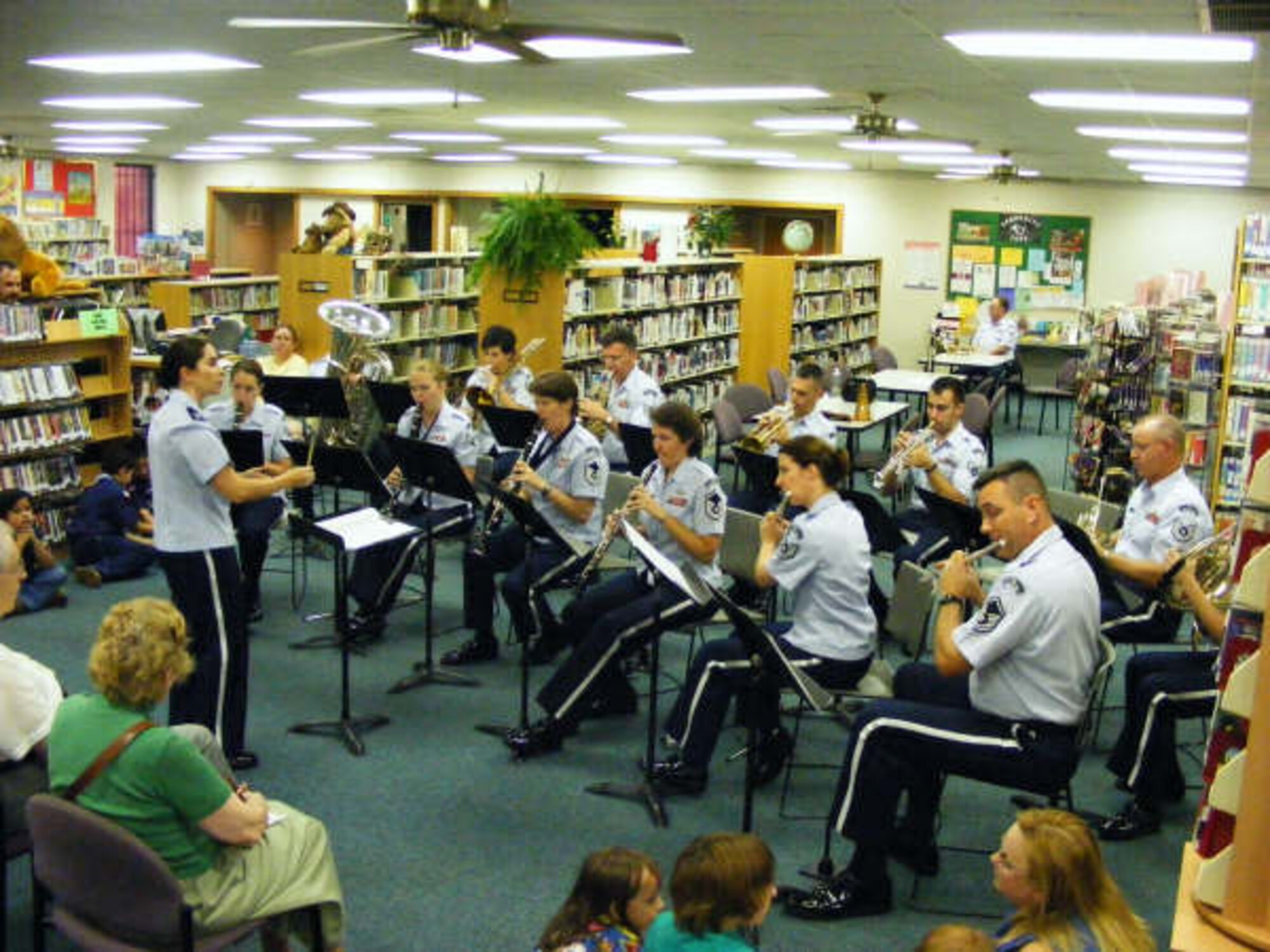 The USAF Band of the West Chamber Ensemble entertains at the Johnston Branch Library, in San Antonio, TX.