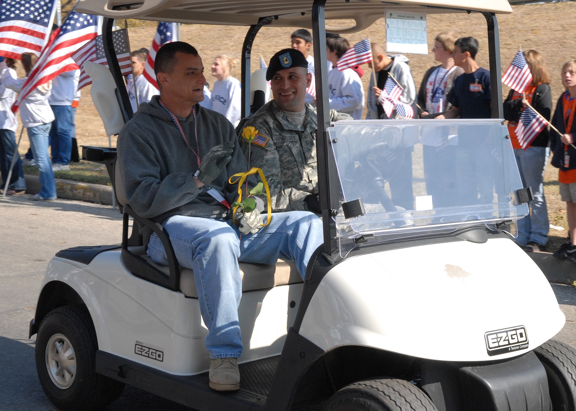 A wounded warrior rides with a military escort from Goodfellow Air Force Base in the Hunt for Heroes parade through downtown San Angelo on Nov. 21.  The parade gave members of the Goodfellow and San Angelo communities the opportunity to come out and show support for the wounded warriors who were participating in the hunt.  (U.S. Air Force photo by Senior Airman Kasabyan Musal).
