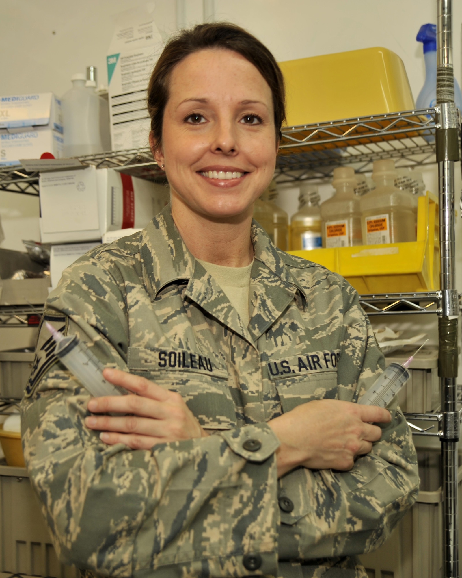 11/22/2008 ? SATHER AIR BASE, Iraq -  Master Sgt. Christi Soileau is an Aerospace Medical Services Technician who is one of the Air Force medics responsible for making sure people receive their immunizations. She is just finishing her deployment to the 447th Expeditionary Medical Squadron at Sather Air Base in Iraq, and she understands how important timely immunizations are to maintaining good health and to keep the force fit to fight. Deployed from the 159th Fighter Wing at the Naval Air Station Joint Reserve Base in New Orleans, Sergeant Soileau is a member of the Louisiana Air National Guard with more than 14 years in the Air Force, including four years active-duty. When she is not serving in uniform, she is a nuclear medicine specialist with the Louisiana State University Health Care System. (U.S. Air Force photo by Master Sgt. Brian Davidson) 