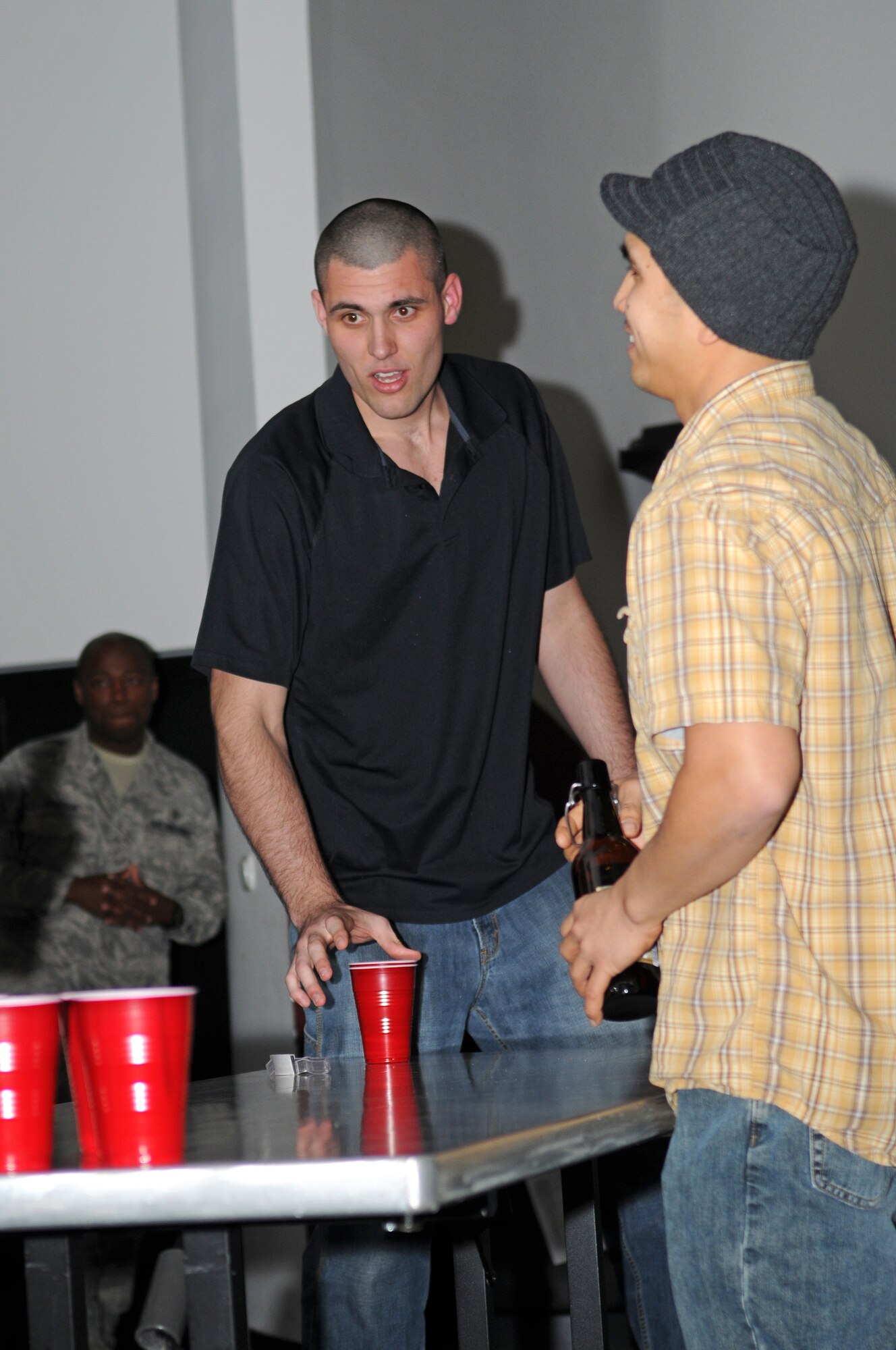 Airman 1st Class Matthew Flowers acts as intoxicated at a party, Ramstein Air Base, Germany, Nov. 18, 2008. The scene was held during the Dorm Resident Airman Day meeting to inform others on different types of alcohol related incidents that can occur in the KMC area. (U.S. Air Force photo by Airman 1st Class Grovert Fuentes-Contreras)