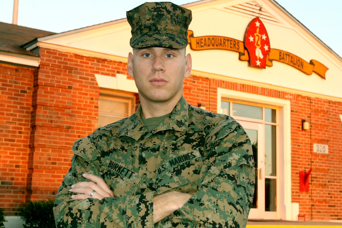 Sergeant Justin Burkett, a chemical, biological, radiological, and nuclear defense specialist with Headquarters Battalion, 2nd Marine Division, beat out keen competition at a meritorious sergeant board to earn his current rank.  Burkett now uses his experience to prepare Marines in his section for successful careers.