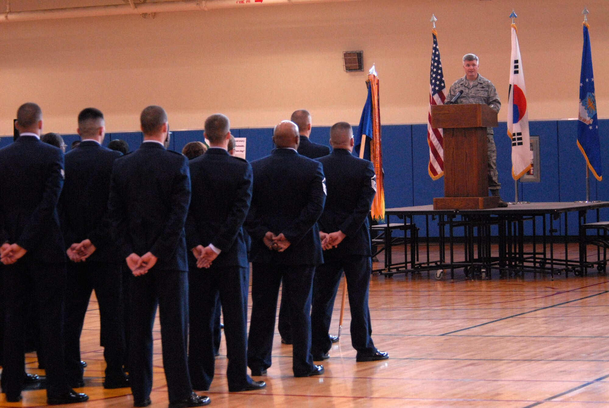 Colonel J.D. "Wolf" Harris, 8th Fighter Wing commander, gives an opening remarks during Diversity Day at Kunsan Air Base, Republic of Korea, Nov. 25, 2008. Diversity Day celebrates the many different cultures working together around the Air Force. (U.S. Air Force Photo/Senior Airman Gustavo Gonzalez) 