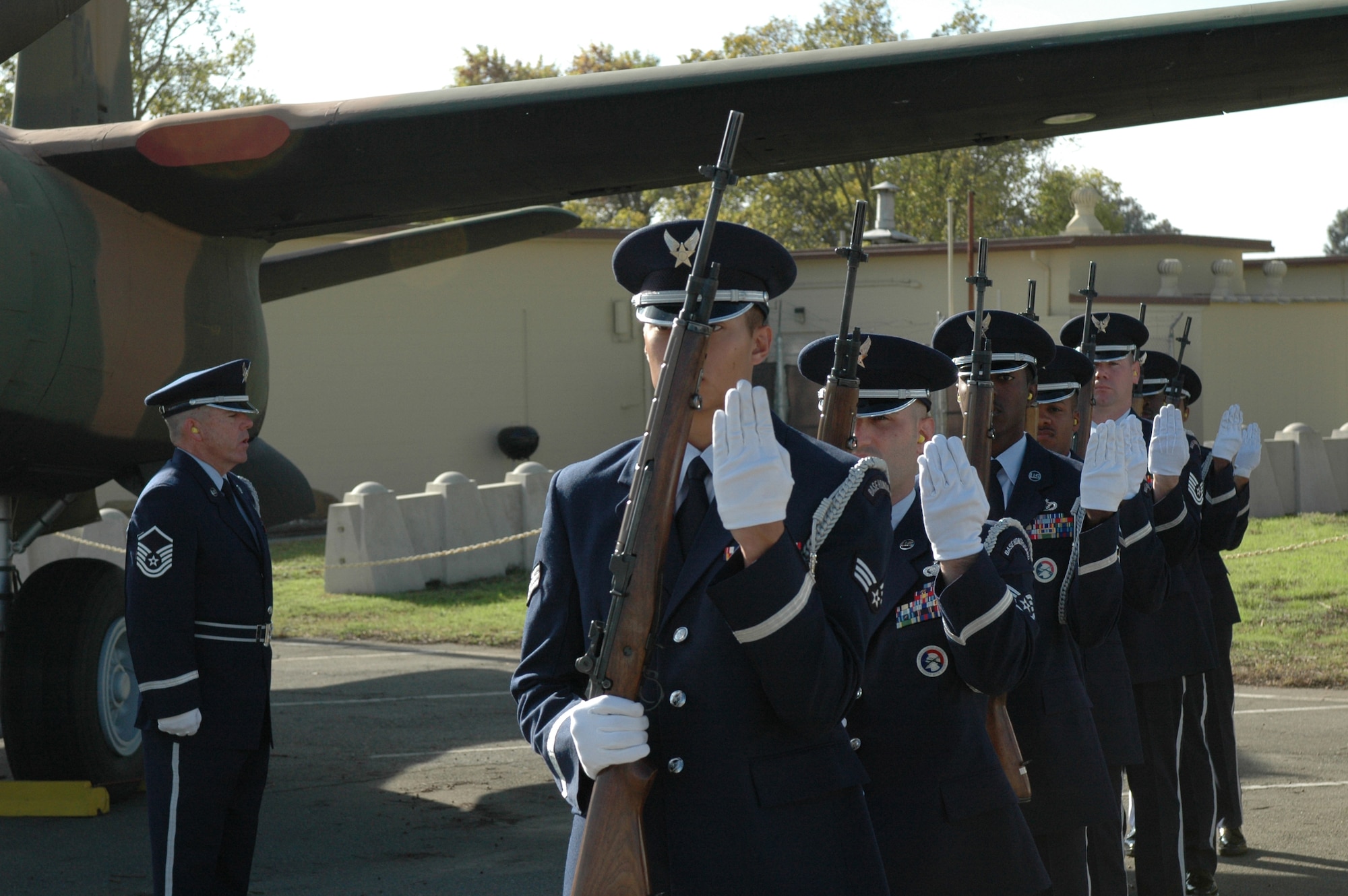 Members of the Travis Air Force Base Honor Guard practice firing party movements. (U.S. Air Force photo/Staff Sgt. Shaun Emery)