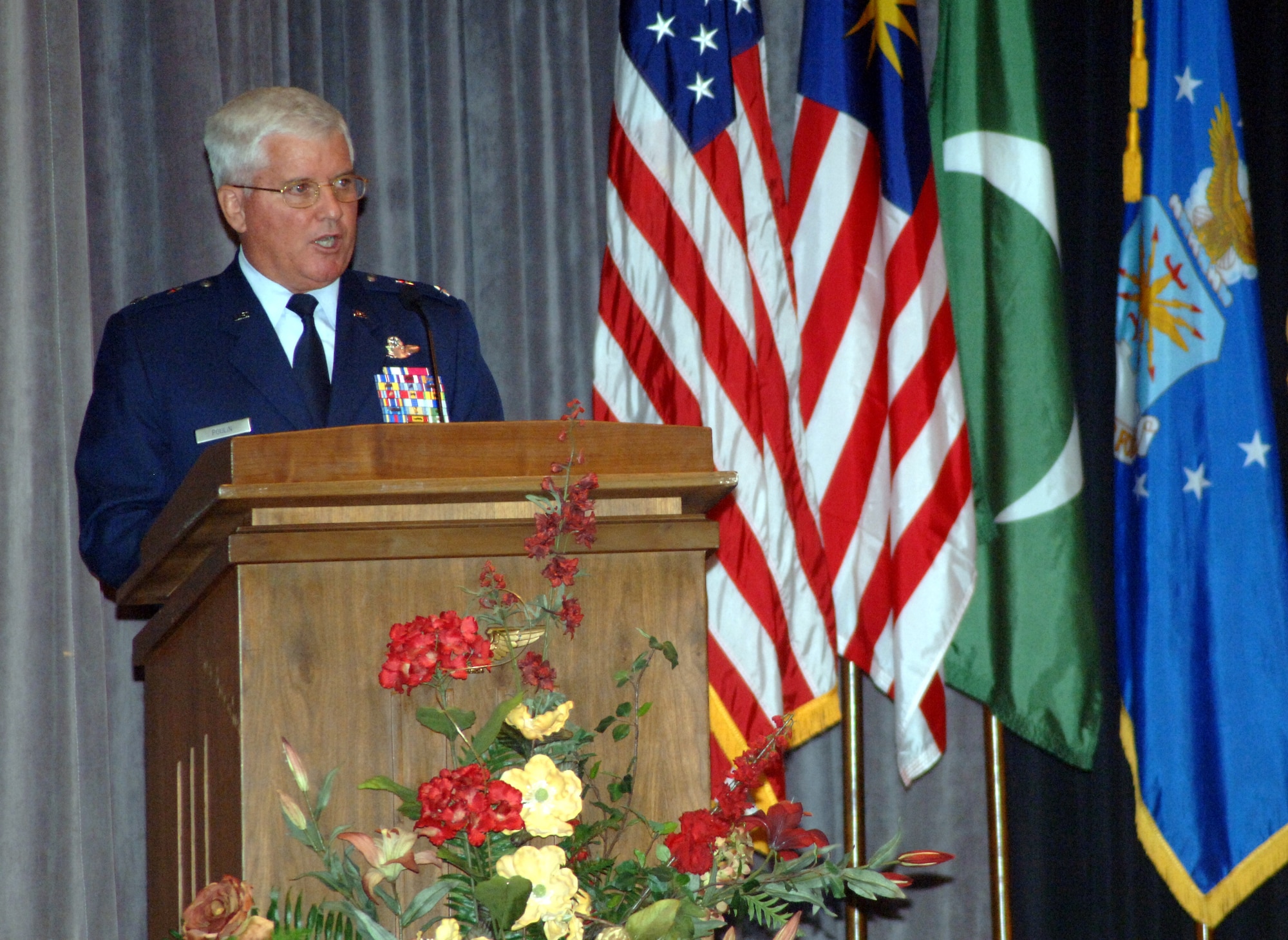 Major Gen. Allan Poulin, Vice Commander, Headquarters Air Force Reserve Command at Robins AFB, Ga., speaks to the Specialized Undergraduate Pilot Training class 09-02 Nov. 14 in a graduation ceremony held at Kaye Auditorium. General Poulin’s son, 2nd Lt. Allan Poulin, was one of the 26 graduates. (U.S. Air Force photo by Airman Josh Harbin)