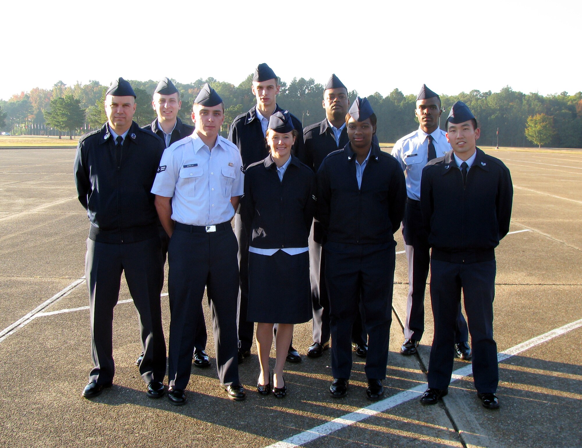 Airman 1st Class Timothy Barclay, Airman 1st Class Natasha Sanders, Airman 1st Class Maria Hall, Senior Airman Junnhaou Huang, Master Sgt. Mark Millen, Airman 1st Class Bradley Eakin, Senior Airman Timothy Martinez, Airman 1st Class Kevin Green and Airman 1st Class Randy Watson, all members of the 14th Operations Support Squadron, gather for a picture before departing Columbus AFB for Maxwell AFB, Ala. Master Sgt. Millen was one of three senior non-commissioned officers who took the eight junior enlisted individuals on the professional development trip. (U.S. Air Force photo)