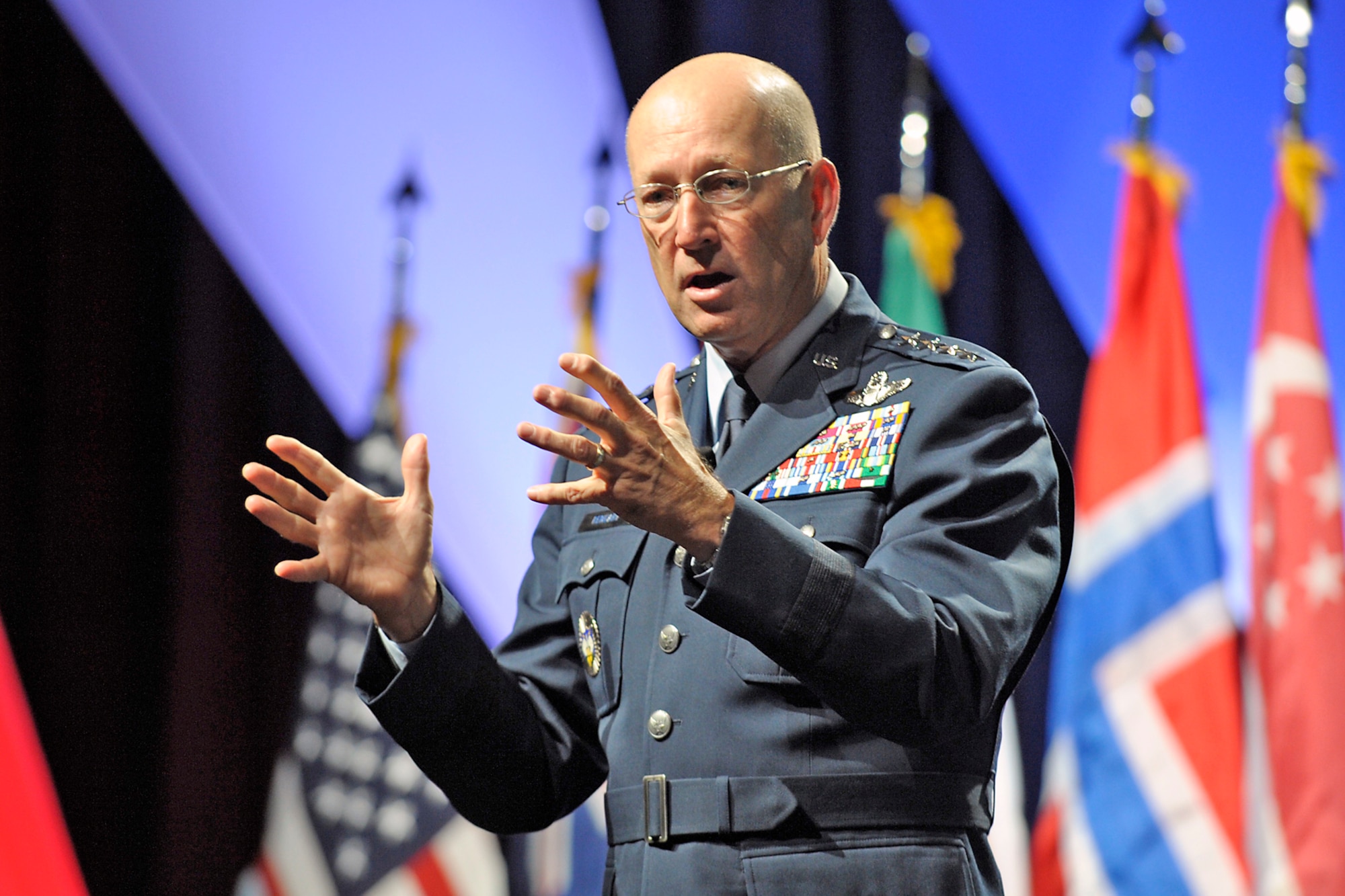 Gen. Gene Renuart, commander of North American Aerospace Defense Command and U.S. Northern Command, speaks at the sixth annual Homeland Defense Symposium in Colorado Springs, Colo., Oct. 29. General Renuart discussed the homeland defense and homeland security missions of NORAD and USNORTHCOM and, specifically, how the commands fulfill those missions by collaborating with their civilian interagency partners. (U.S. Army photo/Sgt. 1st Class Gail Braymen)