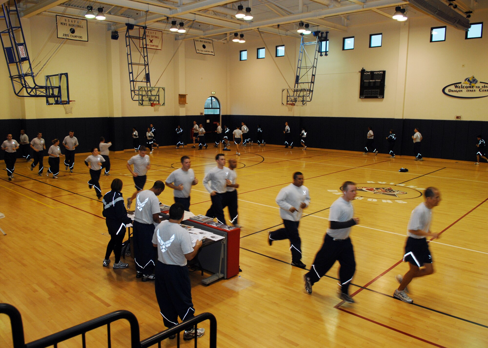 Airmen run for 30 minutes during a PT-A-Thon held at the Dragon Fitness Center here Nov. 25. More than 150 Airmen participated in the 31st Logistics Readiness Squadron sponsored event, raising more than $3,000 for the CFC. The CFC is the only authorized solicitation of federal employees in their workplaces on behalf of approved charitable organizations. (U.S. Air Force photo/Senior Airman Taylor Marr)