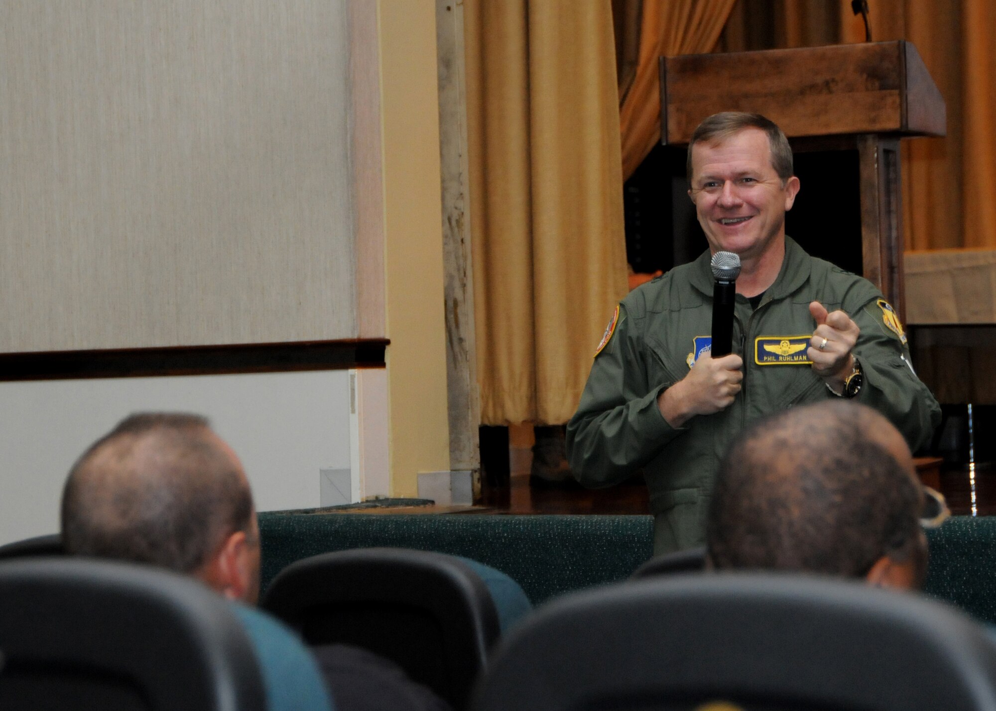 ANDERSEN AIR FORCE BASE, Guam - Brigadier Gen. Phil Ruhlman speaks to Air Force Civilians here Nov. 21 during a Town Hall Meeting about joint basing and the future for these soon to be Navy employees. (U.S. Air Force photo by Senior Airman Nichelle Griffiths)