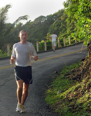 Approximately 30 Team Andersen members competed in the annual Turkey Trot hosted by the Coral Reef Fitness Center Nov. 20. Capt. Scott Sitterson, 36th Logistics Response Squadron, earned his turkey as the first place finisher overall of the four-mile trek up and down Sander's Slope with a time of 32:29. (U.S. Air Force photo by Airman 1st Class Carissa Wolff)