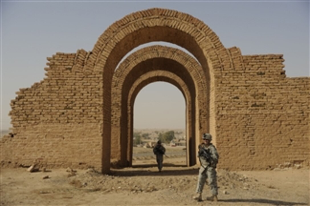 U.S. Army soldiers from 1st Squadron, 3rd Armored Cavalry Regiment provide security for a provincial reconstruction team and representatives of the United Nations Educational Scientific and Cultural Organization as they visit the ancient city of Ashur in Iraq on Nov. 21, 2008.  Shura, also known as Qalat Shergat, is one of three areas in Iraq that is a World Heritage site.  