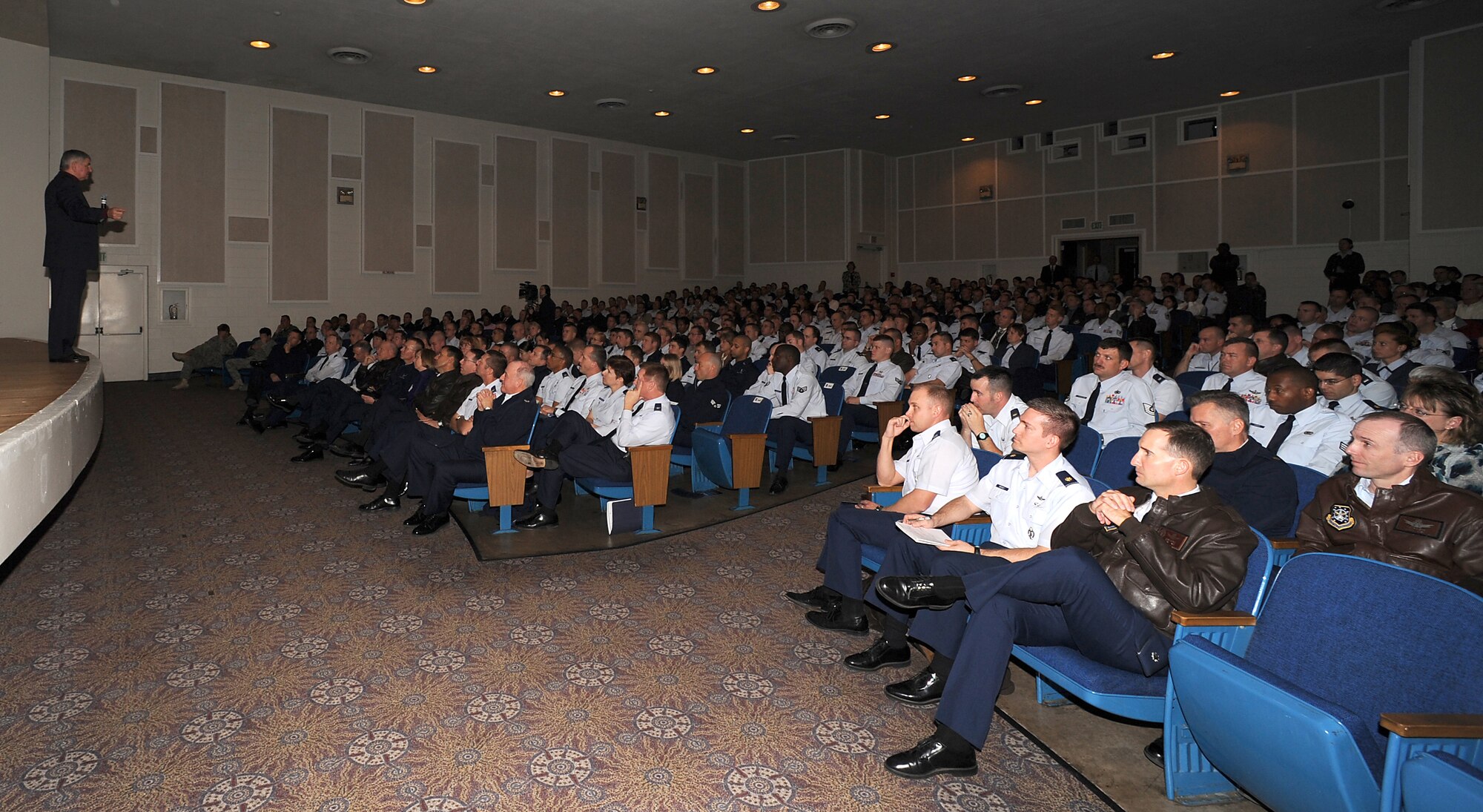 Gen. (ret.) Ronald Fogleman, the Air Force's fifteenth chief of staff, spoke to a filled auditorium of Peterson AFB Airmen Nov. 24 to highlight the importance of Core Values and leadership as Air Force Space Command’s Year of Leadership initiative focusd on Core Values during the month of November. (Air Force photo/Tech. Sgt. Matthew Lohr)