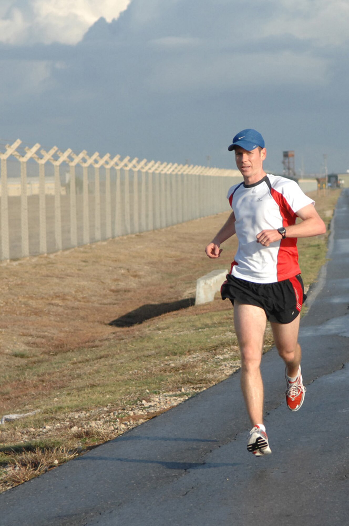 Seth Jenny, 39th Medical Operations Squadron, races to the finish line during Incirlik’s dual-a-thon. The dual-a-thon was held to commemorate the Great American Smoke-out.