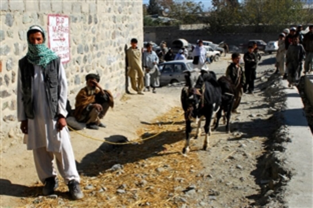 A villager waits outside a local veterinary clinic for his cattle to be seen by a Coalition forces veterinarian in Chamkani, Paktia province, Afghanistan, Nov. 20, 2008. This bovine was discovered to be malnourished and expecting a calf.