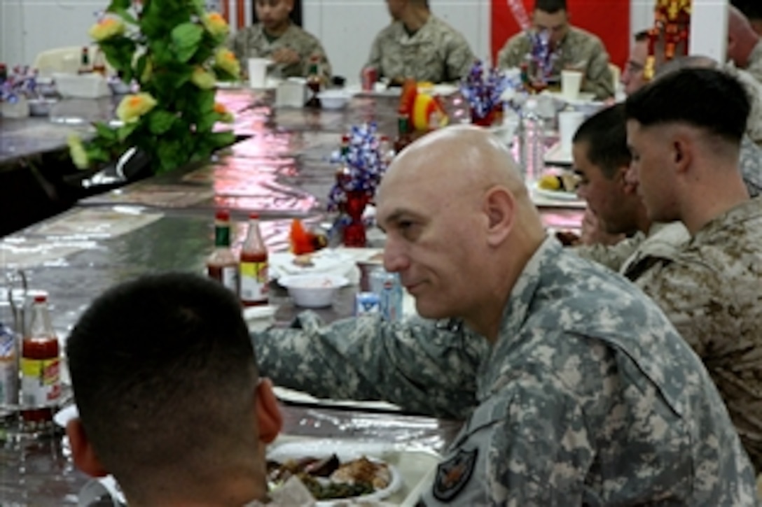 U.S. Army Gen. Raymond T. Odierno, Multinational Forces-Iraq commander, visits with troops on Thanksgiving Day ay Camp Ramadi, Iraq, Nov. 27, 2008. Odierno made several stops throughout the day to speak and eat with troops. 