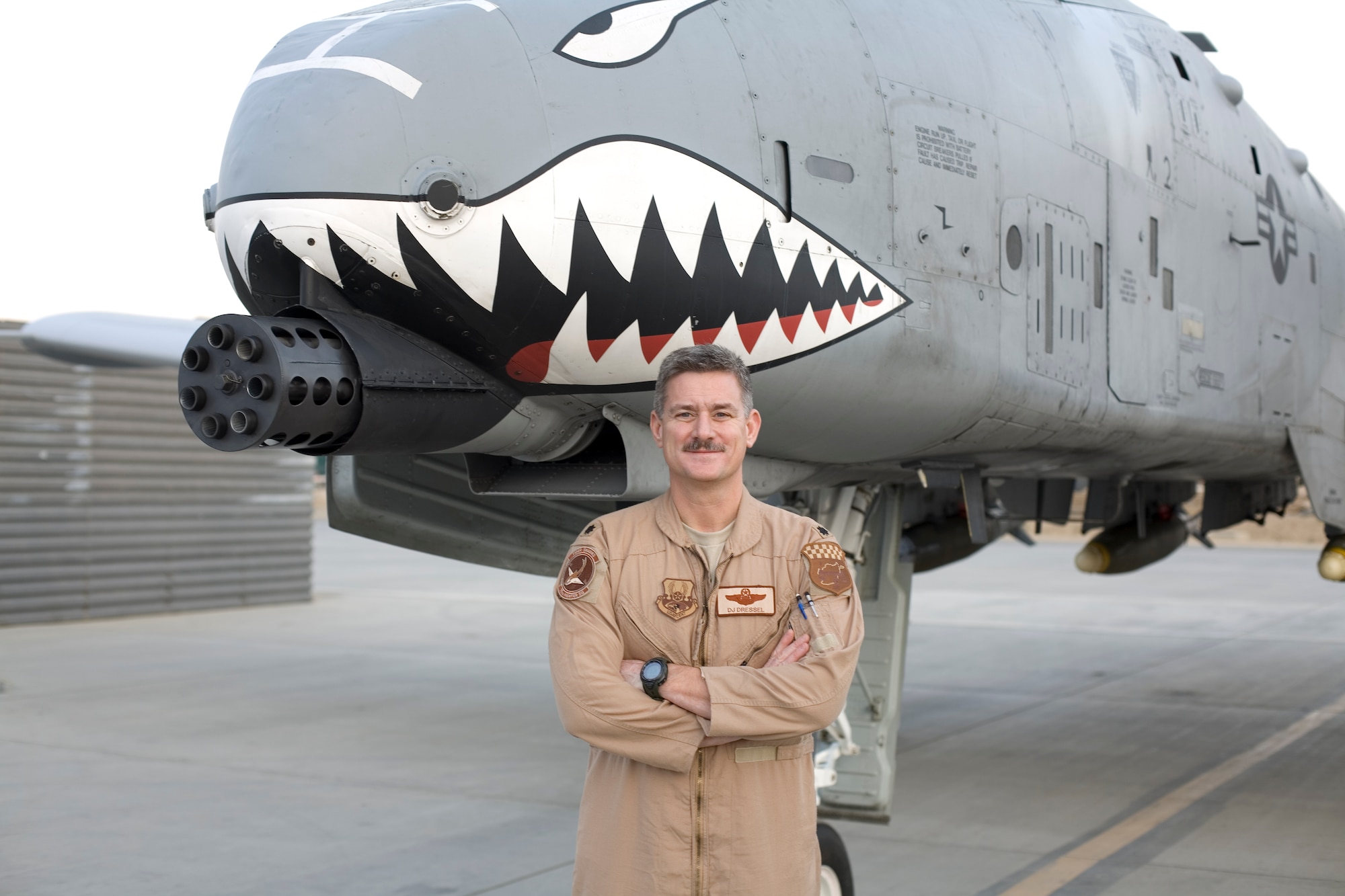 Lt. Col. David Dressel, a pilot with the 75th Expeditionary Fighter Squadron, poses in front of an A-10 Thunderbolt II at Bagram Air Field, Afghanistan. Colonel Dressel, a native of Watertown, Minn., has flown more than 3,000 hours in the A-10 and is on track to reach 500 combat hours during his current deployment. (Courtesy photo)