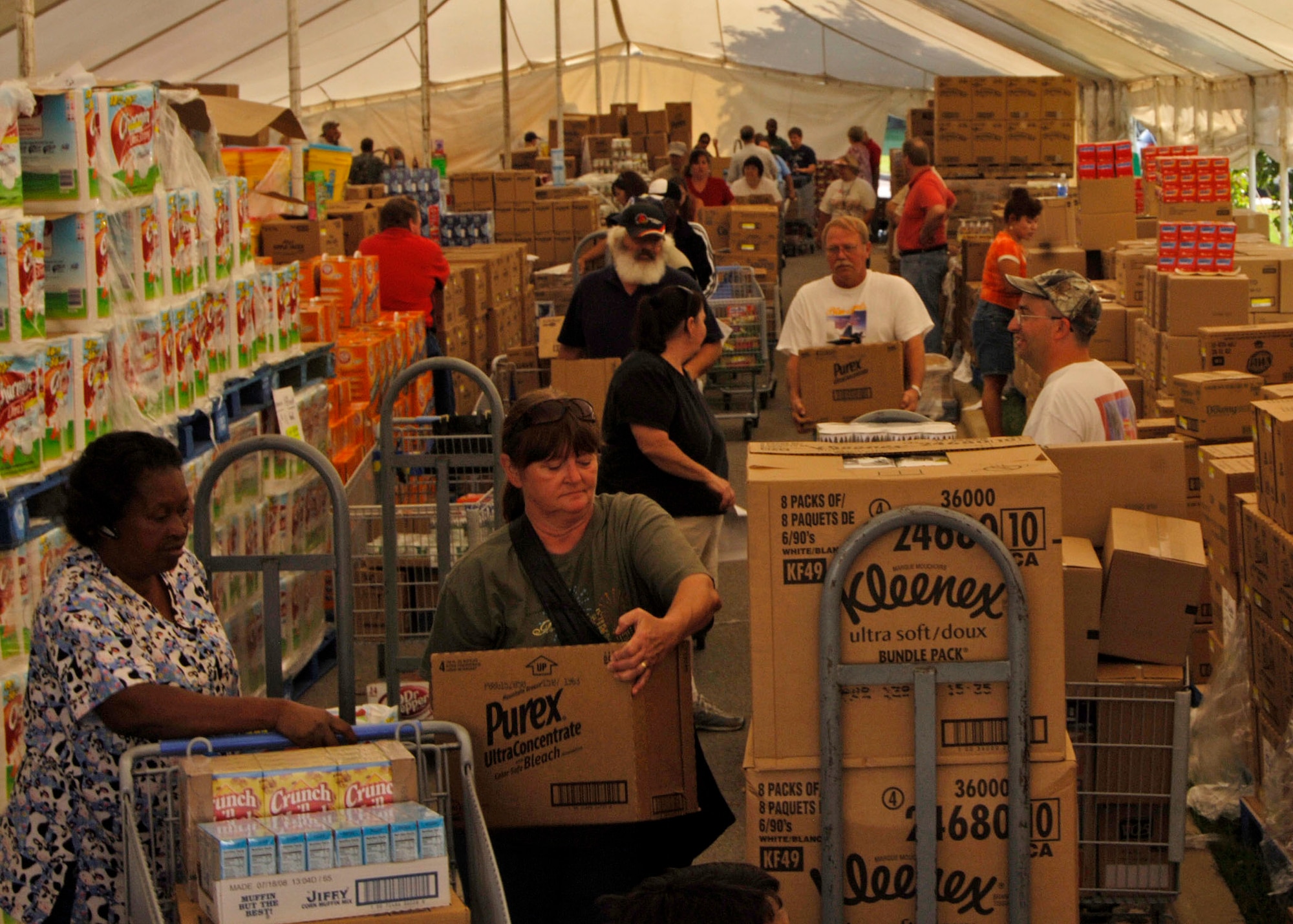 Customers rush to get the best bargains at the Commissary case lot sale held Sept. 26-27. The case lot sale occurs every couple of months and allows patrons to stock up on items at discounted prices. 

(U.S. Air Force photo/Airman 1st Class Wesley Farnsworth)
