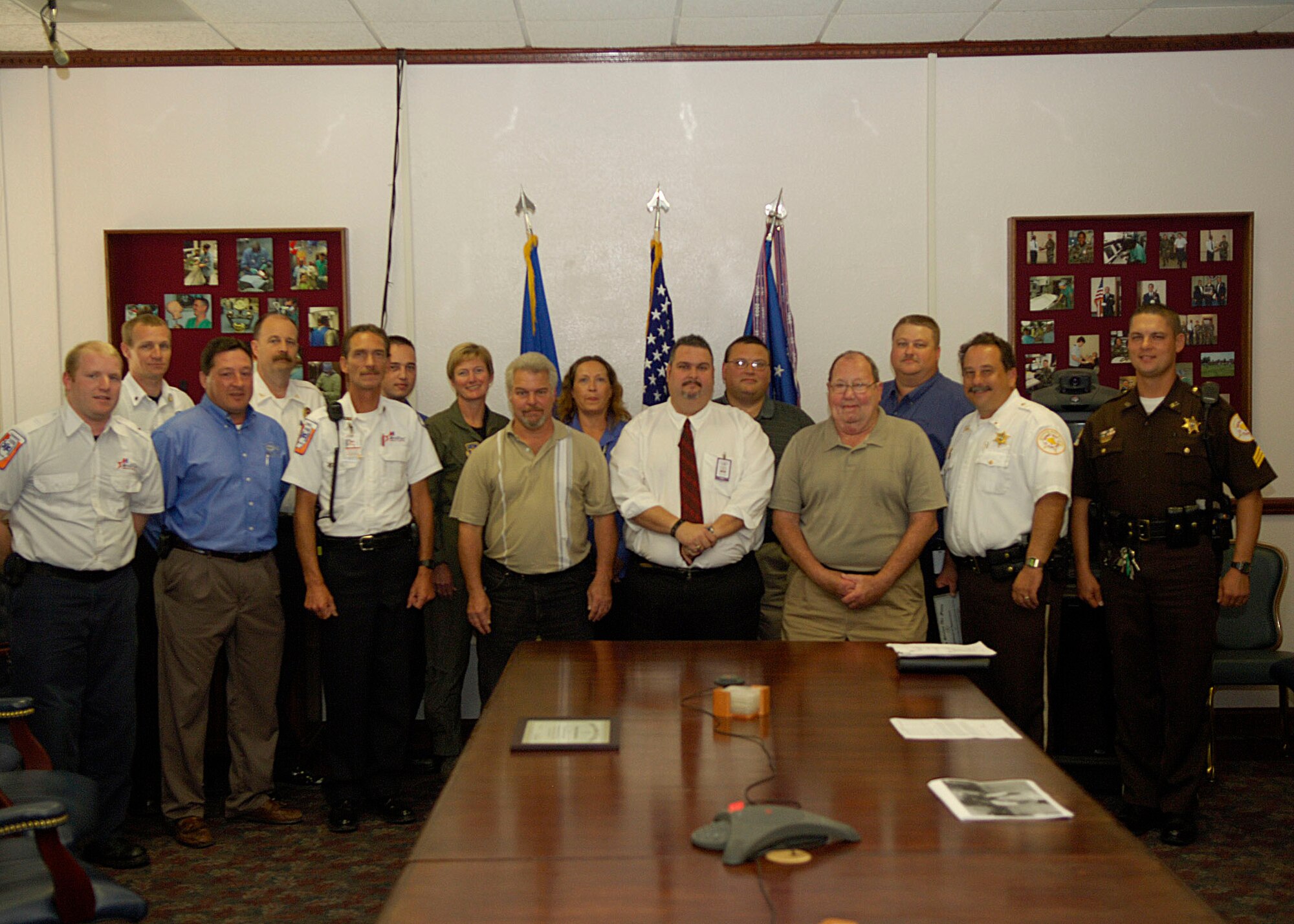 SCOTT AIR FORCE BASE, Ill. --St. Clair County Central Communications, St. Clair County Emergency Telephone Systems Board, St. Clair County Special Emergency Services, MedStar Ambulance Service, Abbott EMS, O’Fallon Emergency Medical Services, Mascoutah EMS, Regional Hospital Coordination Center, MO-1 Disaster Medical Assistance Team, Metro East Emergency Response Team and ARCH Air Medical Service, were all recognized Sept. 24th during a special recognition ceremony held by Col. Diane Ritter, 375th Medical Group commander, for their work during the 2008 air show.
(U.S. Air Force photo/Senior Airman Jonathan Lovelady)
