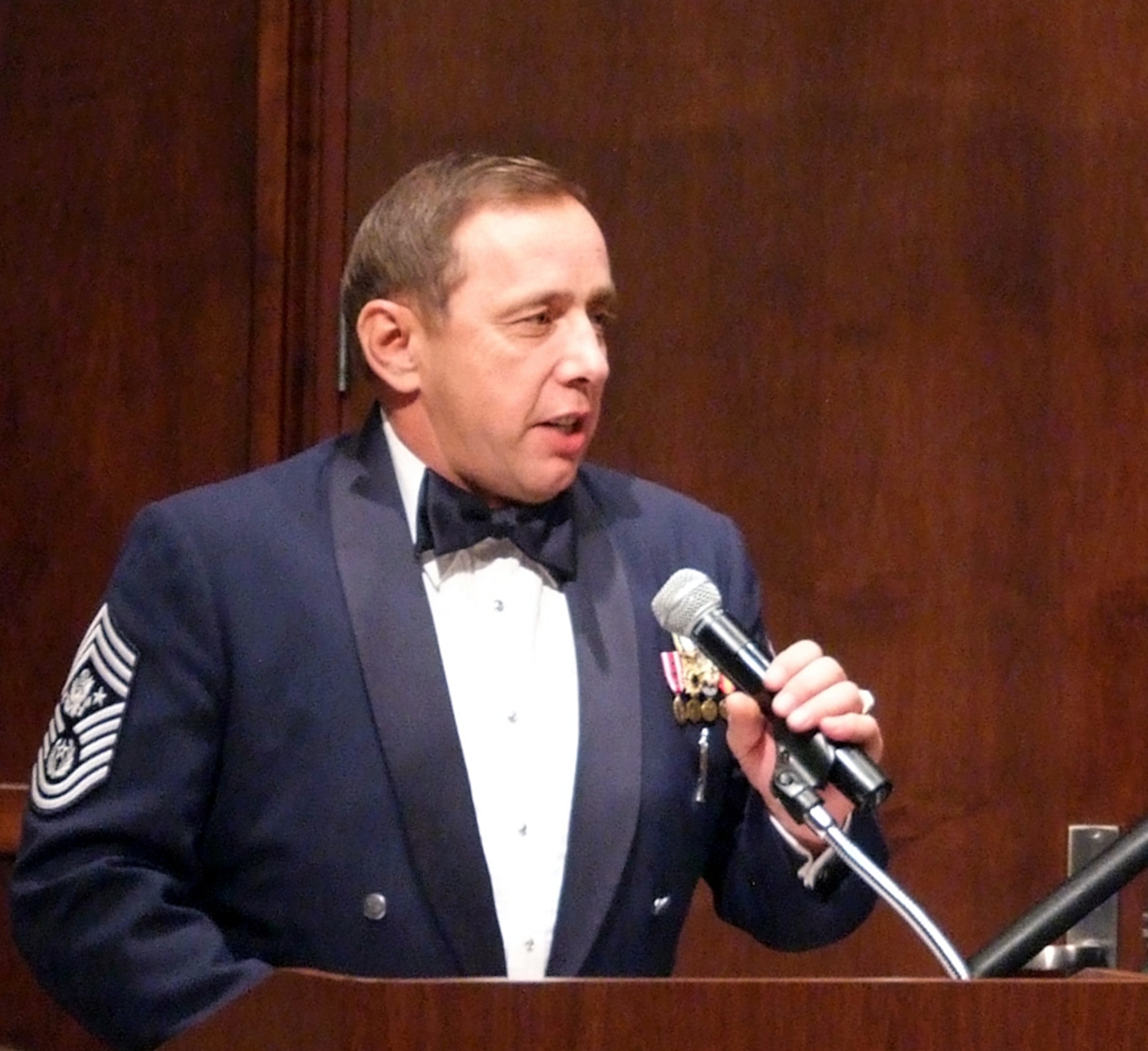 The thirteenth Chief Master Sgt. of the Air Force, Jim Finch, addresses the 88 attendees of the Vance Senior NCO Induction ceremony held Sept. 24 in the Vance Collocated Club. Eight master sergeant and master sergeant selects were given certificates of recognition by Col. Mark Nowland, 71st Flying Training Wing commander. (U.S. Air Force photo by Terry Wasson)