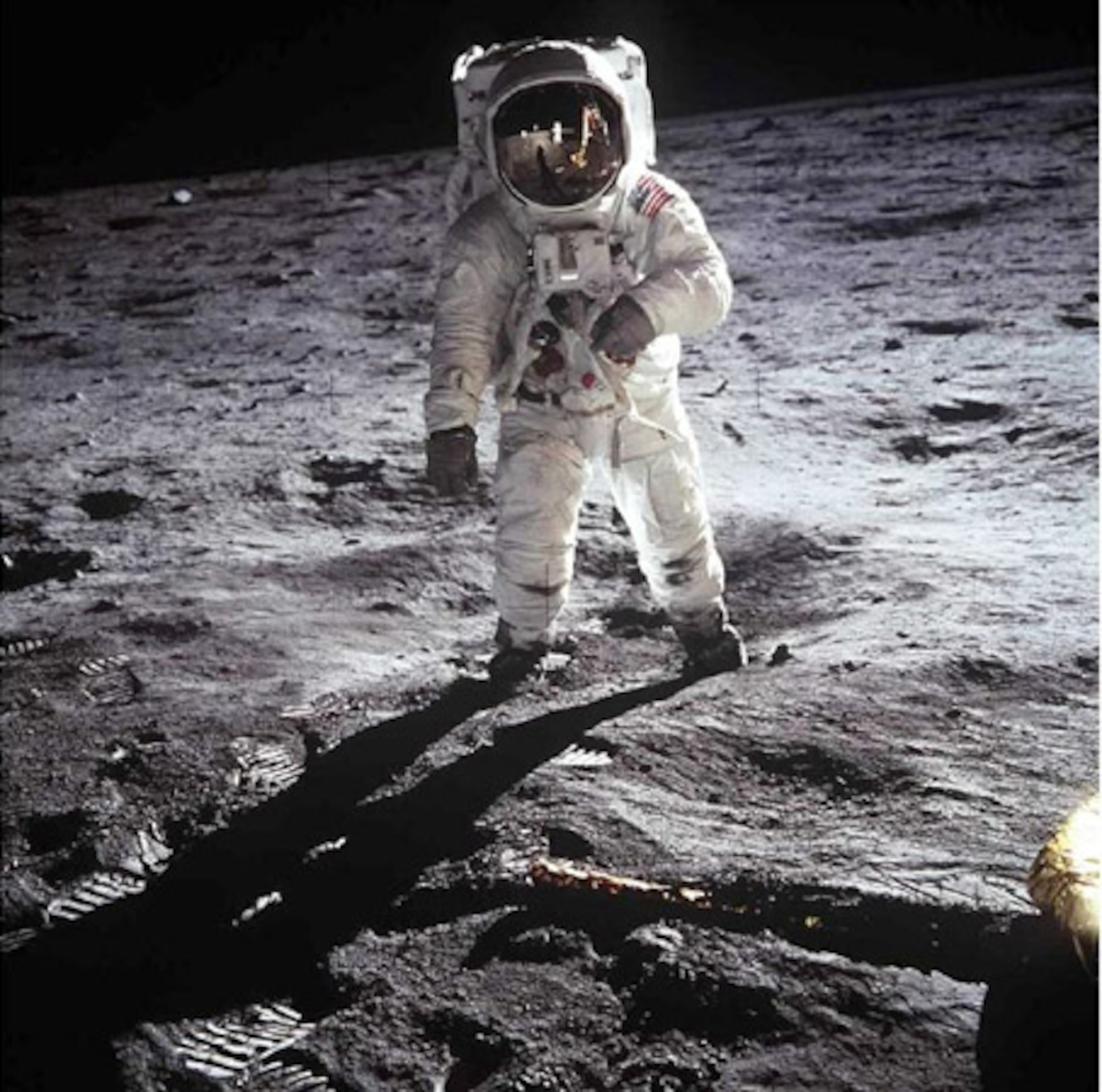 Astronaut Buzz Aldrin, an Air Force fighter pilot who was lunar module pilot for NASA's Apollo 11, makes an historic moon walk, July 20, 1969, with fellow astronaut Neil Armstrong. (NASA photo)