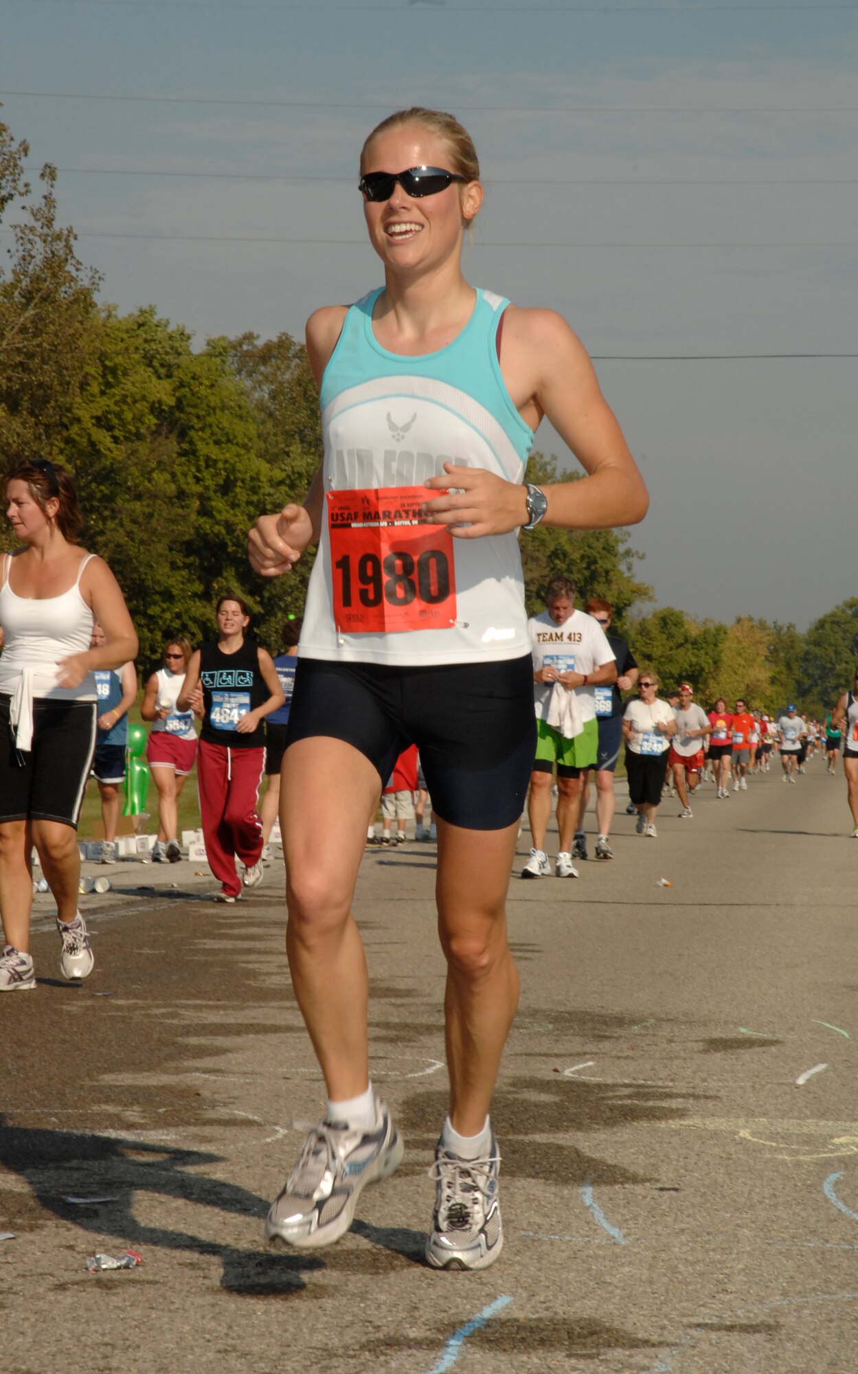 SCOTT AIR FORCE BASE, Ill. --Second Lt. Karissa Goodrich runs the 2008 U.S. Air Force Marathon at Wright-Patterson Air Force Base, Ohio, Sept. 20. Lieutenant Goodrich took top honors among military females and in the 20-24-year-old female category in the full marathon with a time of 3:12:47. 
Courtesy photo
