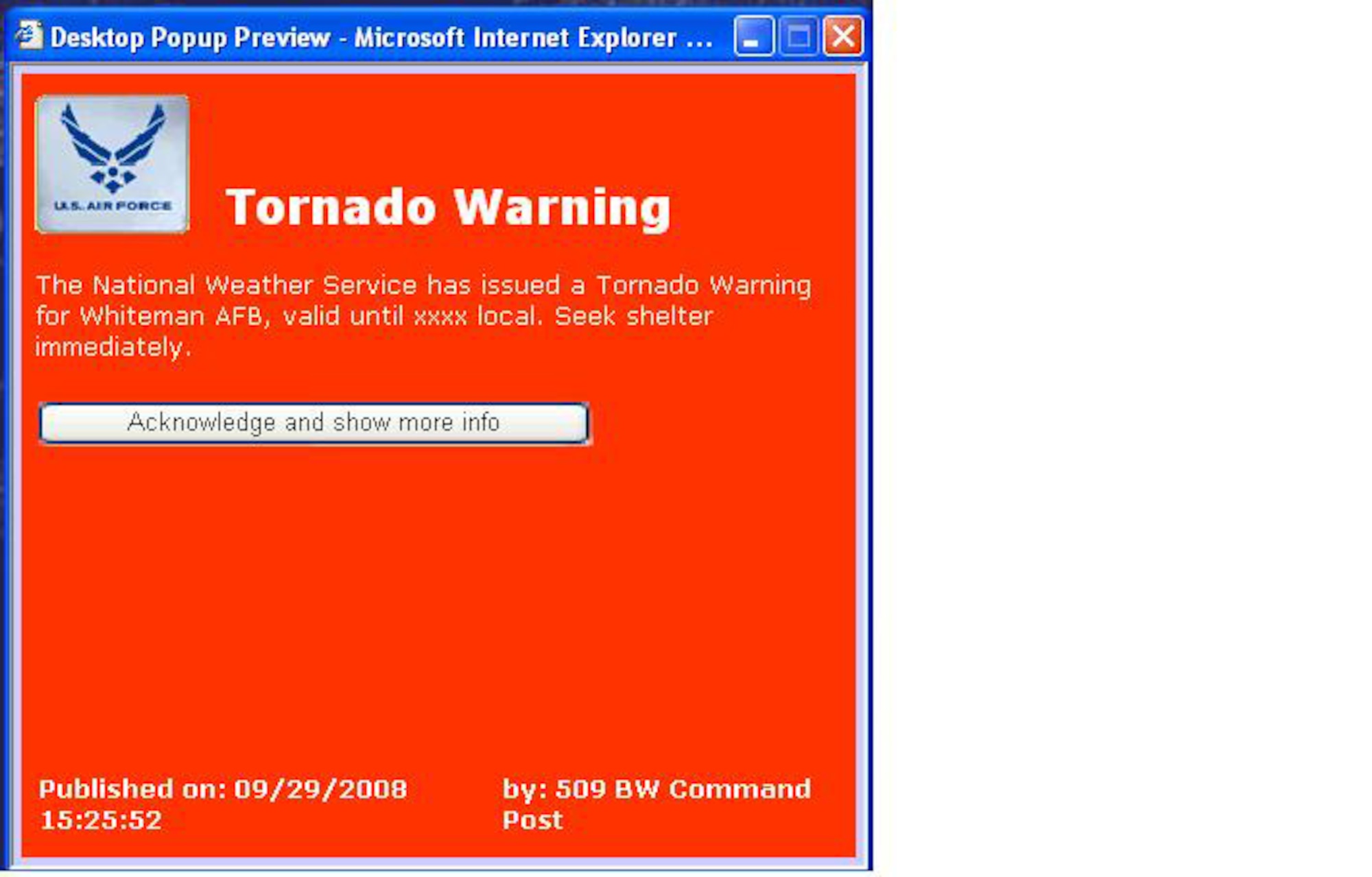 WHITEMAN AIR FORCE BASE, Mo. - This is a screen shot of the IWSAlerts system alerting people of a weather alert. The little purple globe is an emergency notification system called IWSAlerts Network-Centric Emergency Notification System. The purpose of the IWSAlerts system is to rapidly disseminate information to the base populace. This includes Military and DOD civilians, alerting them of things such as recalls, weather advisories and base closures. (U.S. Air Force graphic)
