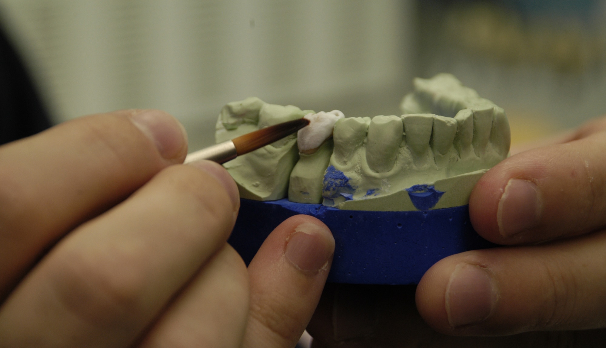 DOVER AIR FORCE BASE, Del. – Tech. Sgt. Kevin Keene, 436th Dental Squadron dental laboratory technician, uses a porcelain brush to apply porcelain on to a stone mold of metal substructures used to make porcelain-fused metal crowns. (U.S. Air Force photo/ Airman 1st Class Shen-Chia Chu)