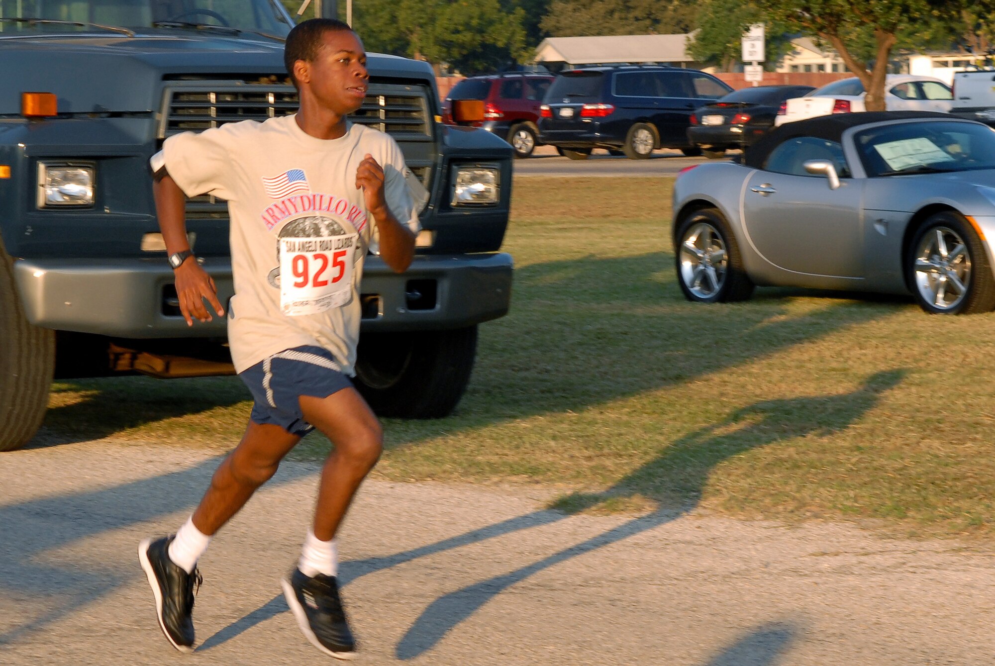 Jeremy Roper approaches the finish line as the top overall finisher in the two-mile individual race portion of the 2008 ArmyDillo Run at Mary E. Lee Park in San Angelo, Texas, Sept. 27, 2008.  More than 350 people participated in the annual event, which benefits the Sentinel Foundation and consists of a 10-kilometer race, a two-mile individual race, a two-mile team race, and a two-mile military formation race. Mr. Roper won the two mile individual race with a time of 12:10:74.  (U.S. Air Force photo by Senior Airman Kasabyan Musal)