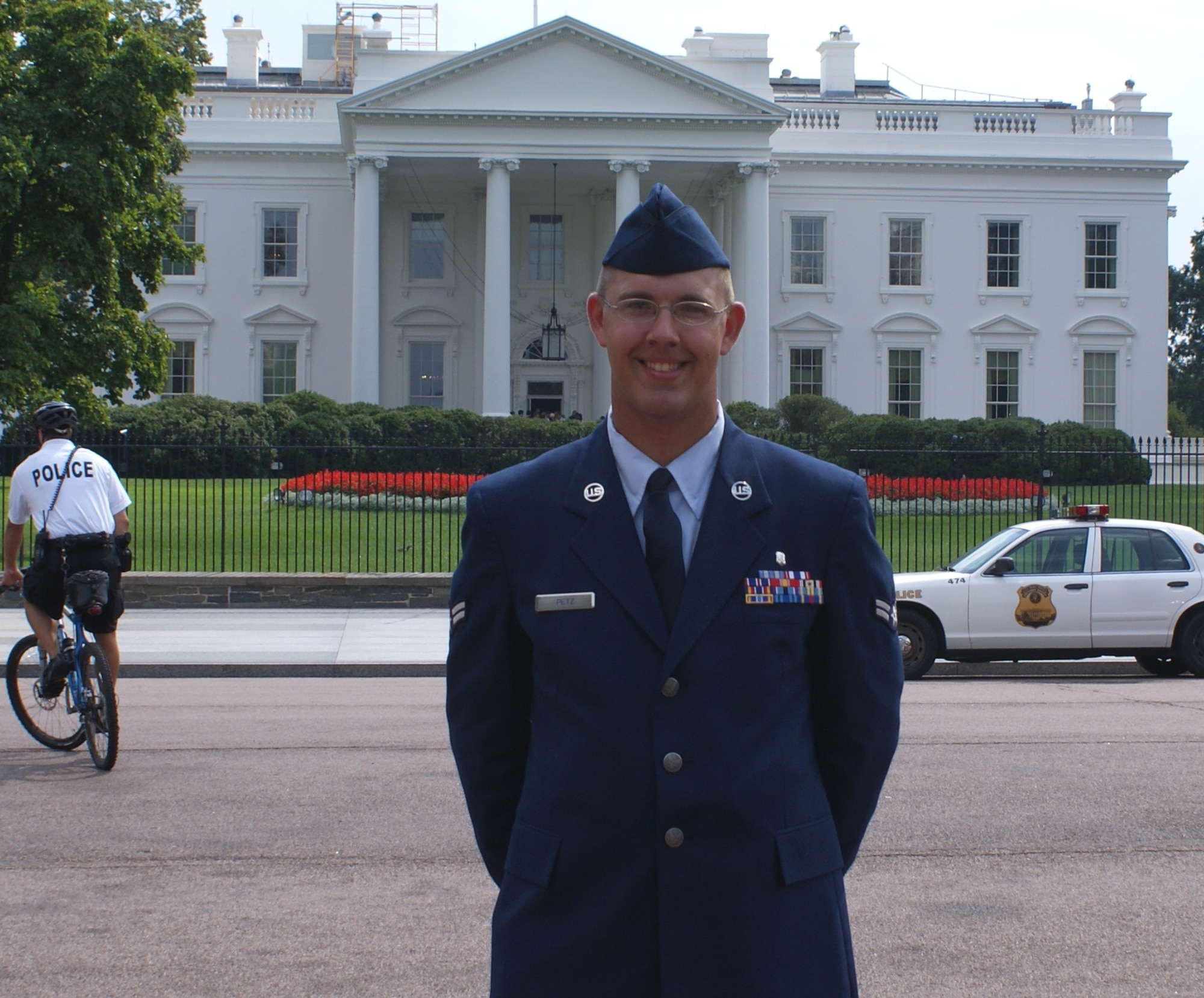 Airman Petz was among 600 volunteers invited to attend President Bush’s speech on the south lawn of the White House, Sept. 8.  (Courtesy photo)
