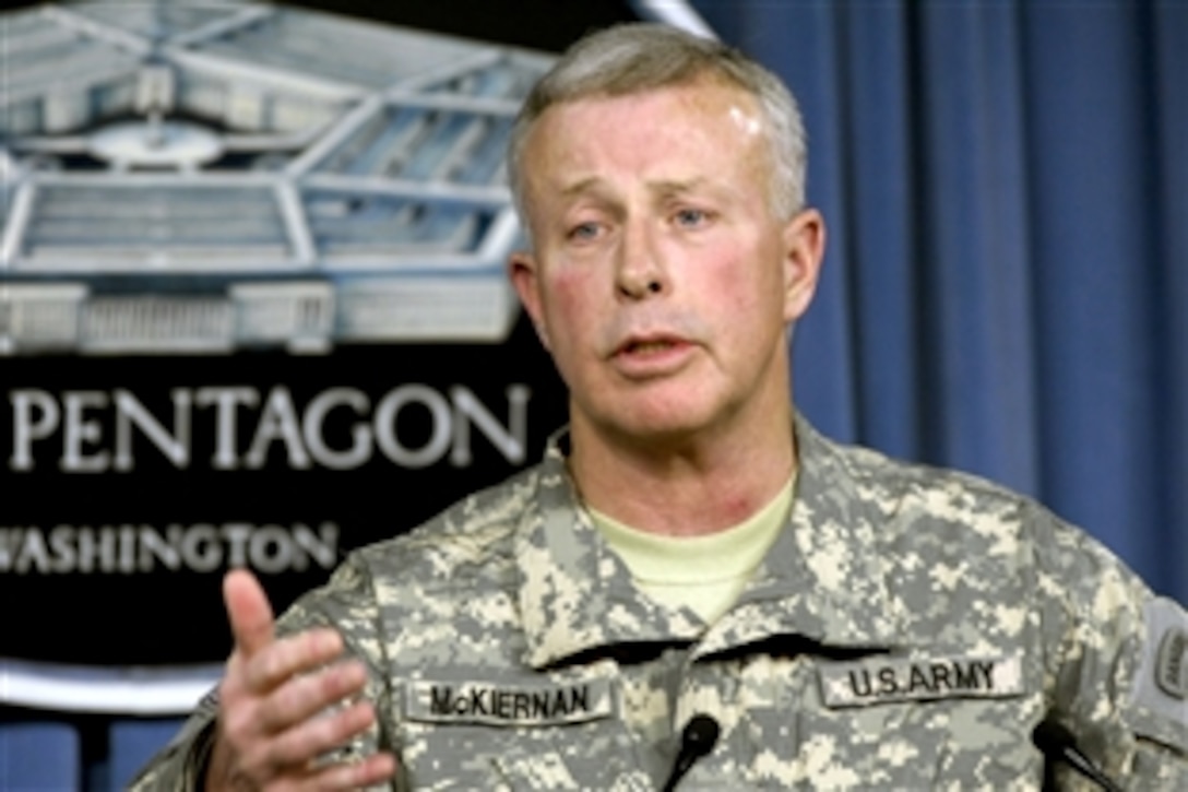 U.S. Army Gen. David D. McKiernan briefs the Pentagon press corps, Oct. 1, 2008, on stability and security operations in Afghanistan. McKiernan serves as the commander of the NATO International Security Assistance Force in Afghanistan.