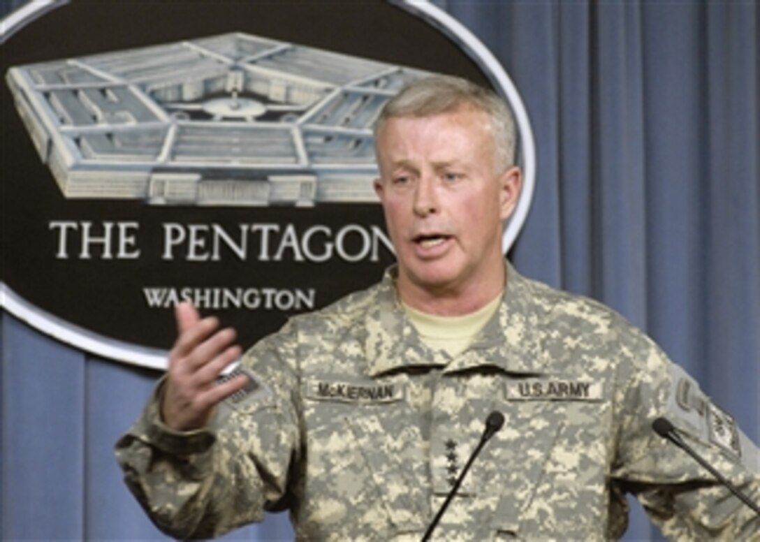 Gen. David D. McKiernan, U.S. Army, briefs reporters on stability and security operations in Afghanistan in the Pentagon on Oct. 1, 2008.  McKiernan is the commander of the NATO International Security Assistance Force in Afghanistan.  