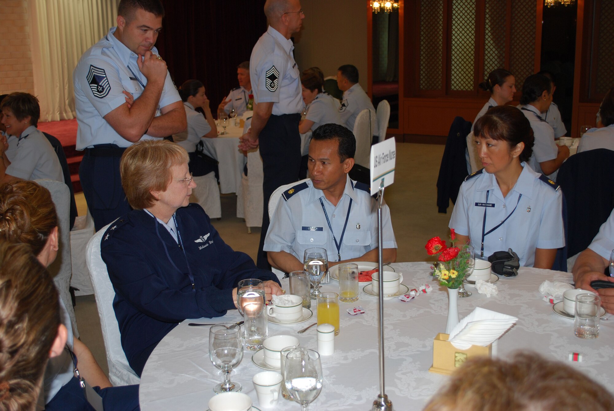 Maj. Gen. Melissa Rank, Assistant U.S. Air Force Surgeon General, Medical Force Develoment, discusses professional issues with Maj. Edilbert Castro and Maj. Jennifer Sur-Watanabe, Air Force Reserve 624th Aeromedical Staging Squadron, at the second annual Asia Pacific Military Conference. Majors Castro and Sur-Watanabe were two of more than 40 Air Force, Army and Navy nurses and medical professionals who attended the conference with attendees from seven countries Sept. 1-5 at the Korea Armed Forces Nursing Academy in Daejeon, Republic of Korea. The 624th ASTS is part of the 624th Regional Support Group, Hickam Air Force Base, Hawaii.