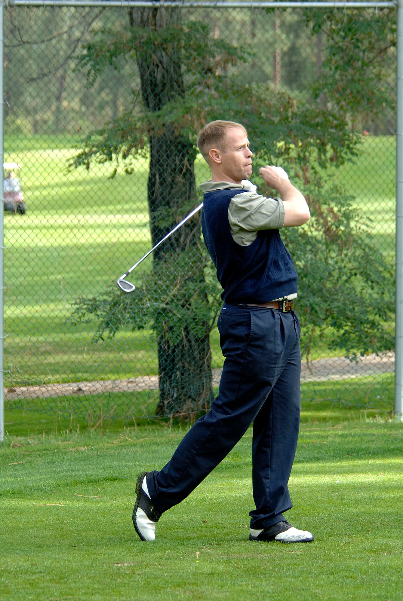 SPOKANE, Wash. – Col. Blaine Holt, 92nd Air Refueling Wing vice commander, drives the ball down the fairway during Fairchild’s 92nd ARW Golf Tournament. The event was held at Downriver Golf Course Sept. 26. (U.S. Air Force photo / Staff Sgt. JT May III)