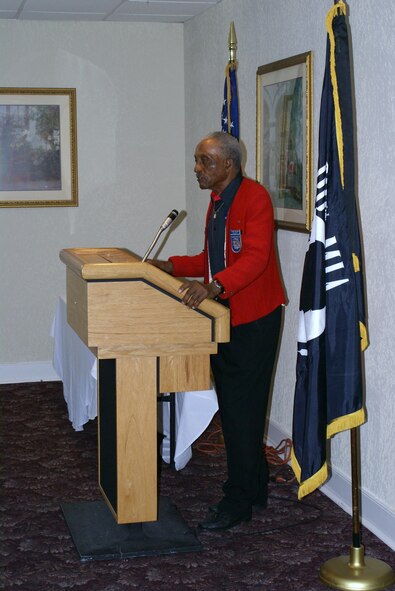 Retired Lt. Col. Eldridge Williams, an original member of the famed Tuskegee Airmen speaks to the Greater Florida City/Homestead Military Affairs Committee Oct. 2.  Colonel Williams was the key note speaker at the monthly MAC luncheon held at the Falcon’s Nest Club. The Tuskegee Airmen was the popular name of a group of African American pilots who flew with distinction during World War II as the 332nd Fighter Group of the U.S. Army Air Corps.  Colonel Williams currently resides in Miami, Fla. (U.S. Air Force photo/Tim Norton)