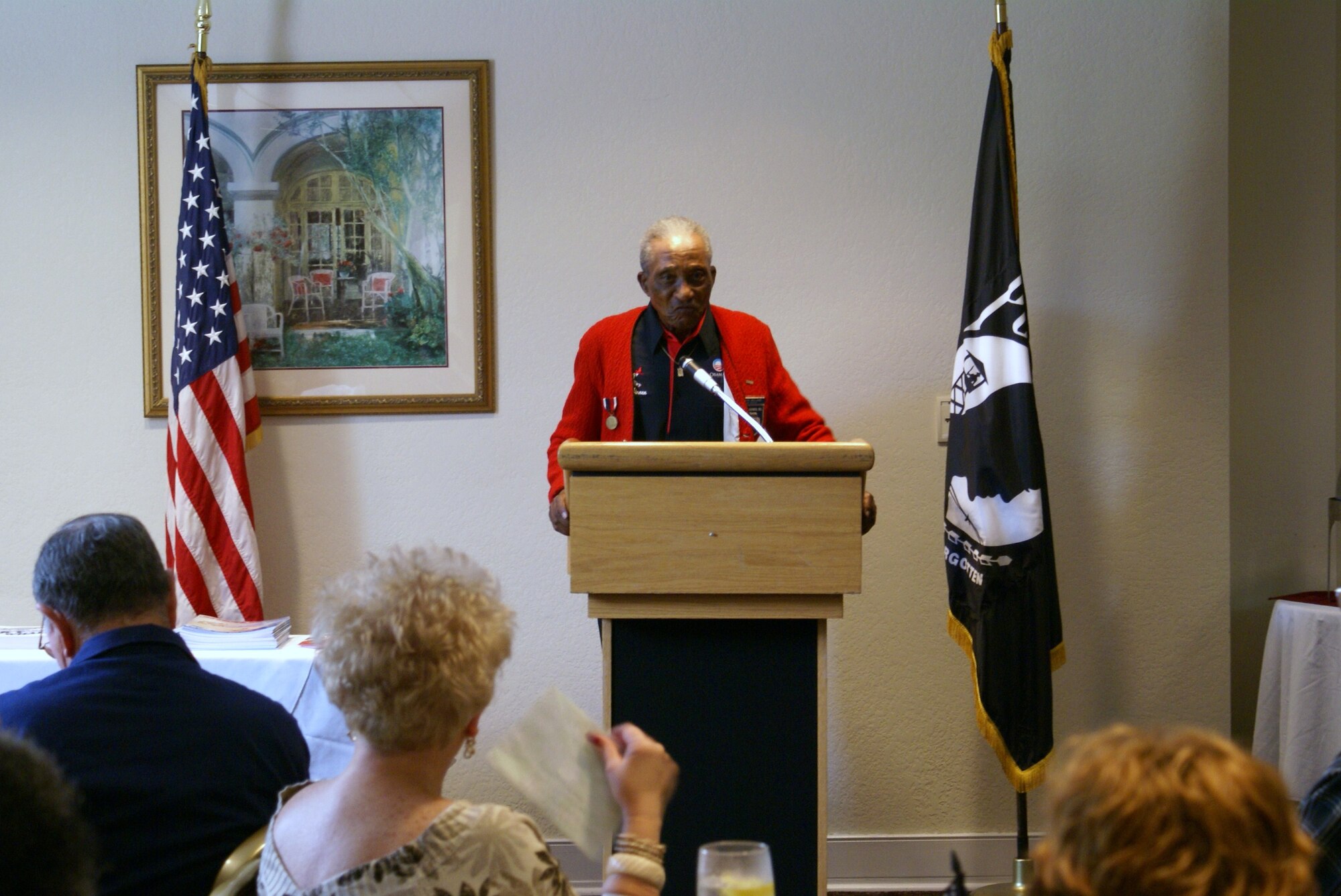 Retired Lt. Col. Eldridge Williams, an original member of the famed Tuskegee Airmen speaks to the Greater Florida City/Homestead Military Affairs Committee Oct. 2.  Colonel Williams was the key note speaker at the monthly MAC luncheon held at the Falcon’s Nest Club. The Tuskegee Airmen was the popular name of a group of African American pilots who flew with distinction during World War II as the 332nd Fighter Group of the U.S. Army Air Corps.  Colonel Williams currently resides in Miami, Fla. (U.S. Air Force photo/Tim Norton)