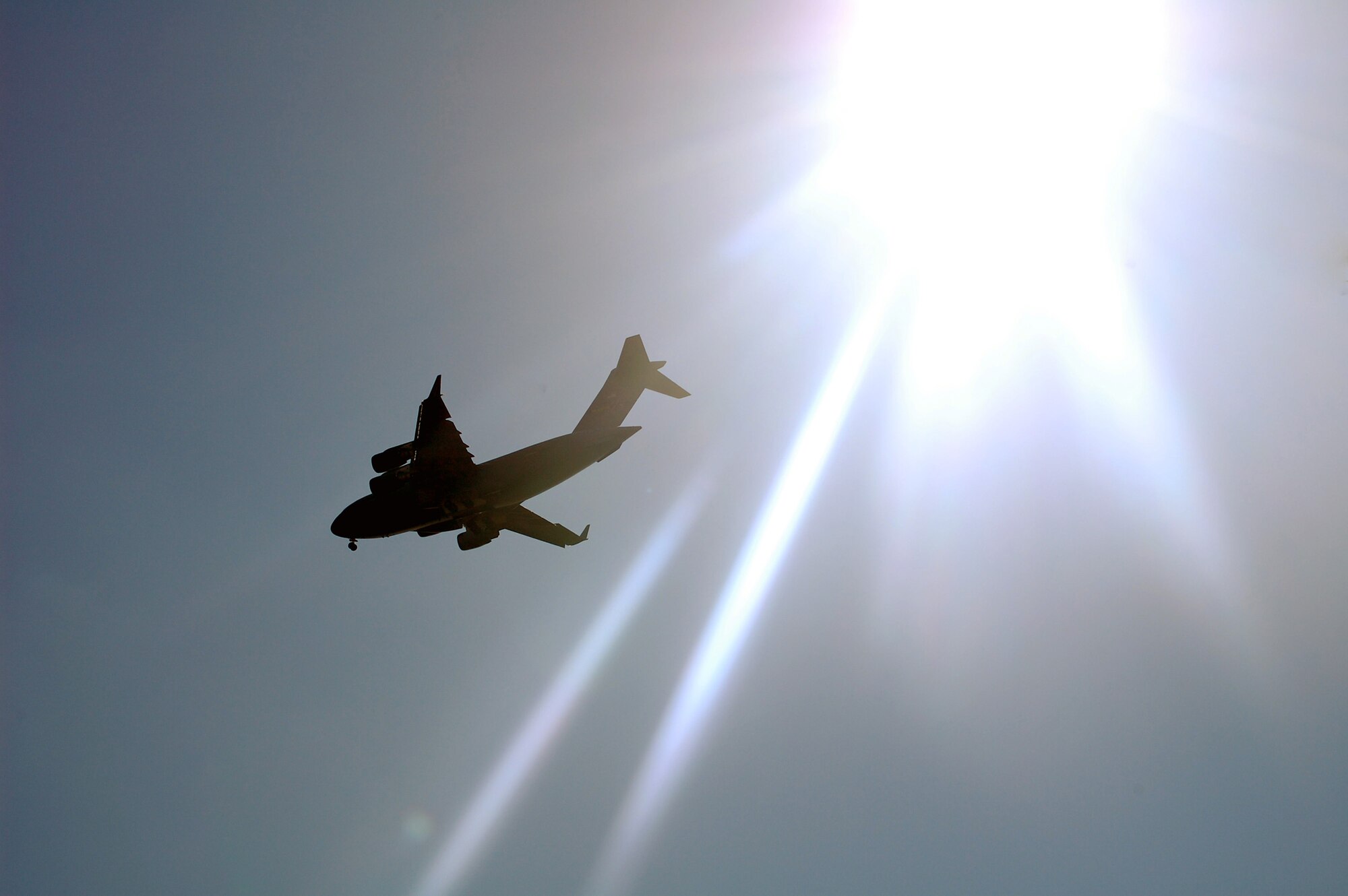 A C-17 Globemaster III from McGuire Air Force Base, N.J., flies over Naval Air Engineering Station Lakehurst, N.J., during a scenario for Air Force Exercise Eagle Flag 08-6 Sept. 23, 2008.  (U.S. Air Force Photo/Tech. Sgt. Scott T. Sturkol)