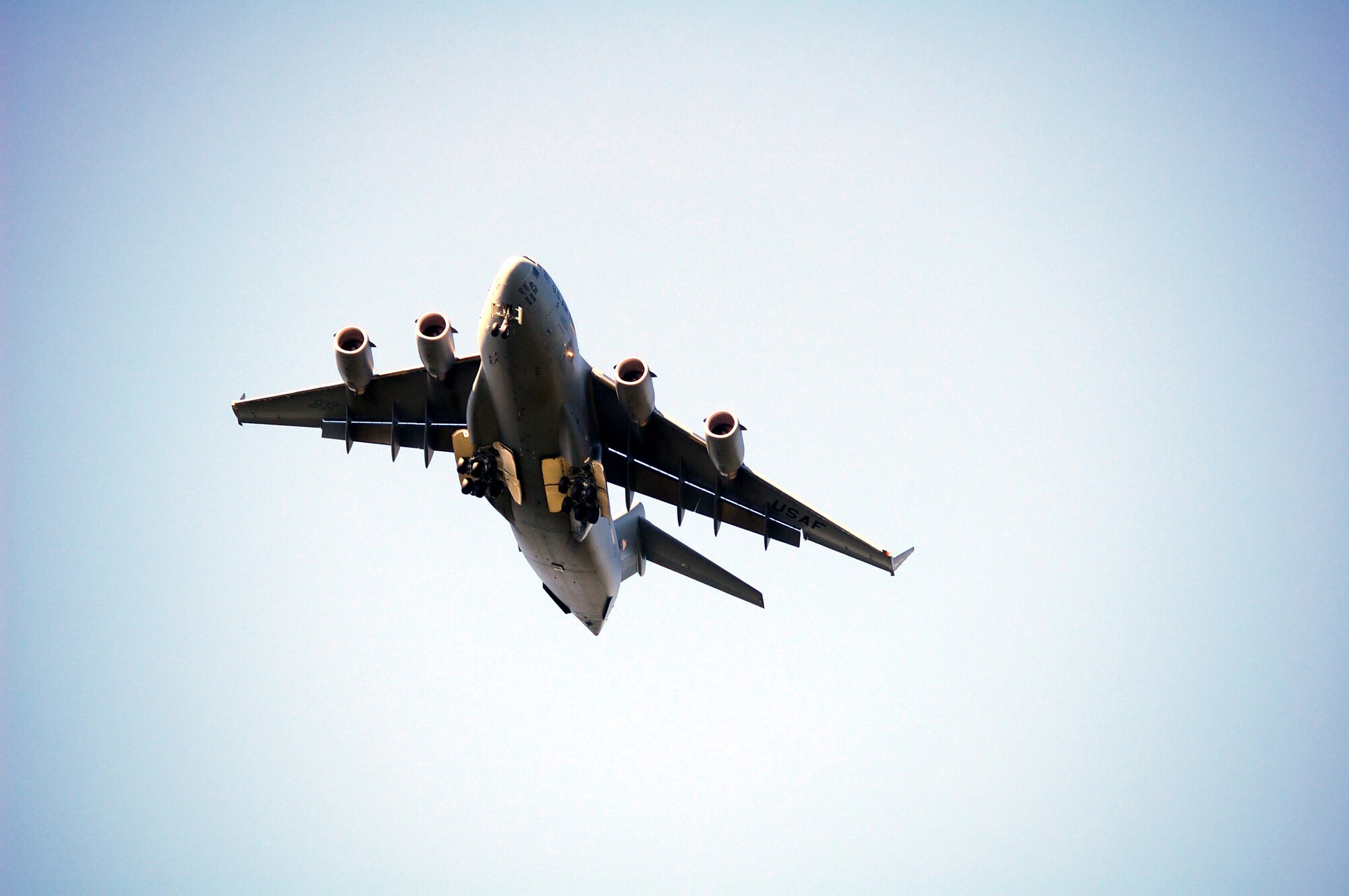 A C-17 Globemaster III from McGuire Air Force Base, N.J., flies over Naval Air Engineering Station Lakehurst, N.J., during a scenario for Air Force Exercise Eagle Flag 08-6 Sept. 23, 2008.  (U.S. Air Force Photo/Tech. Sgt. Scott T. Sturkol)