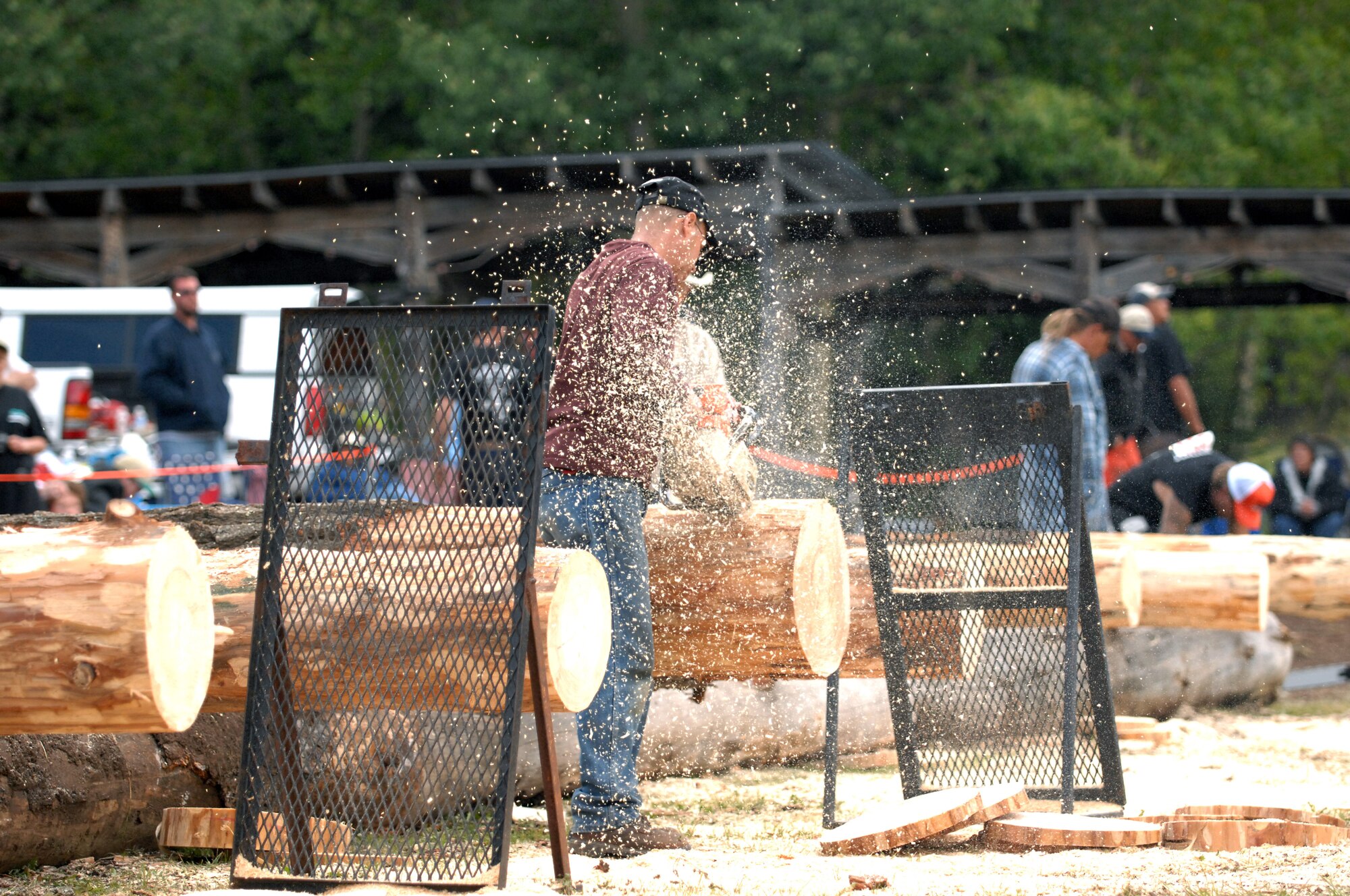 Vince Lenzo, participant of the Lumberjack Day event, saws down the pine wood for one of the many lumberjack competitions held in Cloudcroft, N.M., September 20. Contestants hold onto their chainsaws in hopes of winning the title for the 2008 Overall Lumberjack. (U.S. Air Force photo/Airman 1st. Class Veronica Salgado) 