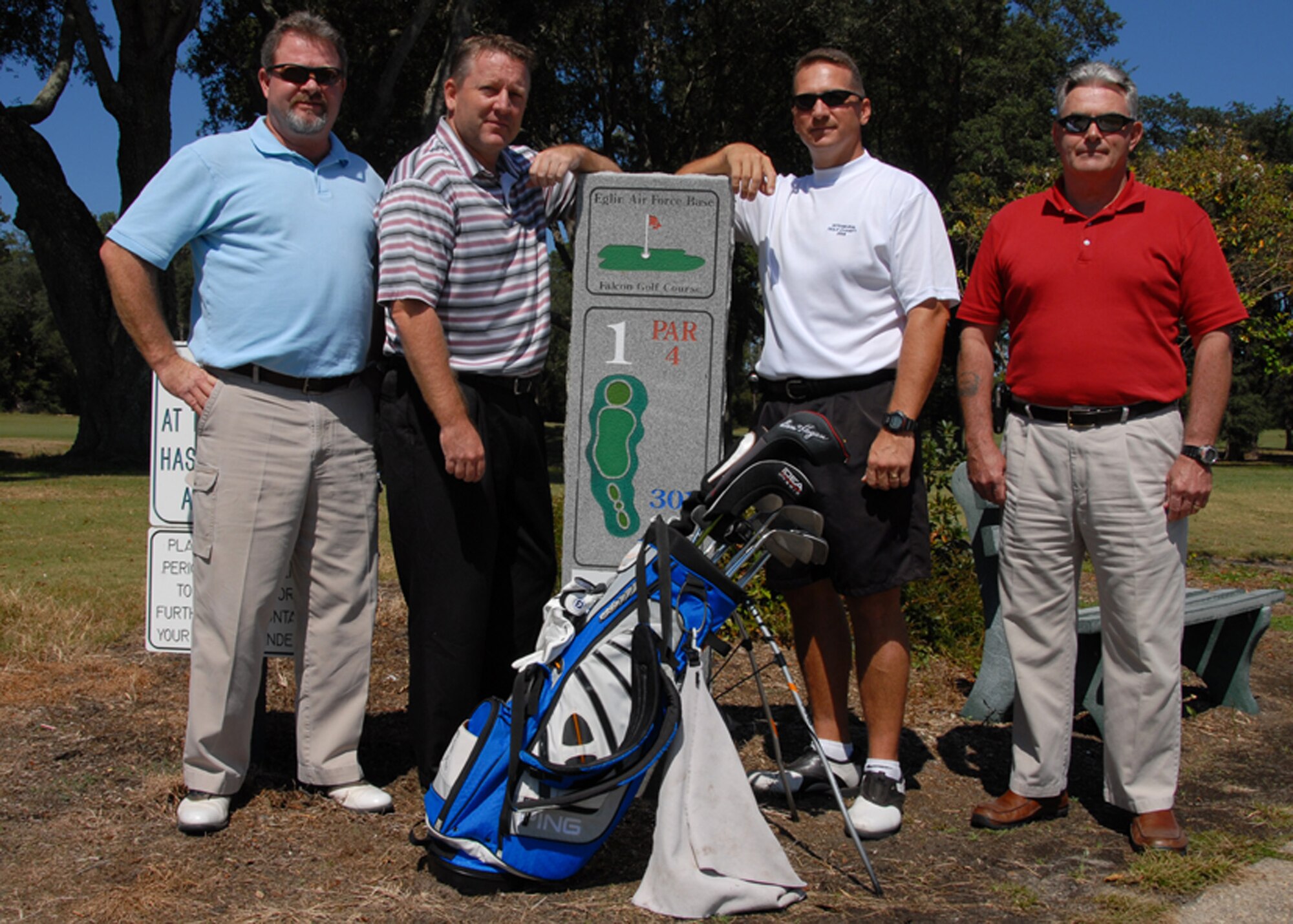 The 53d Wing intramural golf team won the base championship this year in a match against the Air Force Research Lab team at Wind Swept Dunes in Freeport, Fla.  The match was tied after 18 holes, but the 53d WG took the win on the first hole of sudden death.  The team was unbeaten during the regular season and in the playoffs.  From left to right:  Rick Houchens, Tom Finnegan, Roger Bloor and Chuck McBay,.  Photo by Staff Sgt. Samuel King Jr. 