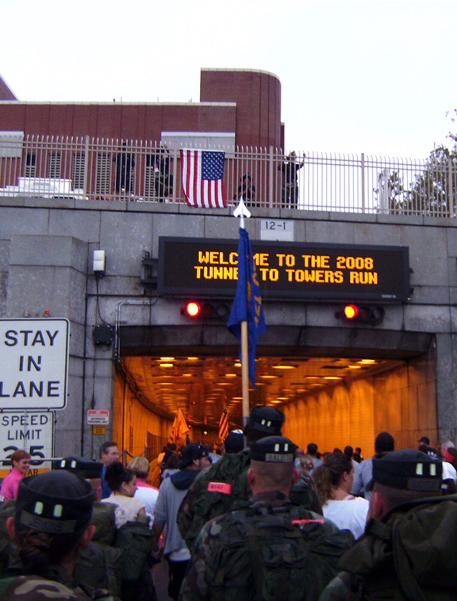 A formation of cadre from the U.S. Air Force Expeditionary Center's 421st Combat Training Squadron of Fort Dix, N.J. make their way into the Brooklyn (N.Y.) Battery Tunnel at the beginning of the Tunnel to Towers 5-kilometer Run/Walk in New York, N.Y. Sept. 28, 2008. The Tunnel to Towers is a fundraiser in tribute to Stephen Siller, a New York City firefighter who gave his life on Sept. 11, 2001.  Siller ran from his vehicle in full firefighter gear from the Brooklyn Battery Tunnel to the World Trade Center when he heard of the disaster over his scanner. Siller had just come off duty and was headed for a round of golf.  (U.S. Air Force Photo/Tech Sgt. Sean Graves)