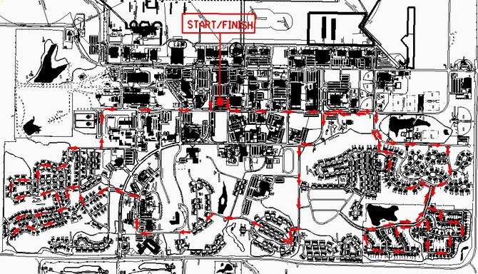 WHITEMAN AIR FORCE BASE, Mo- The Whiteman Fire Department will have a parade traveling the route indicted on the map starting at 10:30 a.m. Oct. 5. Other events for fire prevention week include a display at the Base Exchange from 11 a.m. to 2 p.m. Oct. 7, a display at the Commissary from 11a.m. to 2p.m. Oct. 8, fire extinguisher training at the Youth Center starting at 2:30 p.m. Oct. 9 and a display with Sparky and Smokey at the Base Exchange from 10 a.m. to noon Oct. 11. Sparky the Fire Dog and Smokey the Bear will be visiting several base organizations throughout the week. For more info call Mr. Tim Robinson at 687-6080. (U.S. Air Force graphic)    