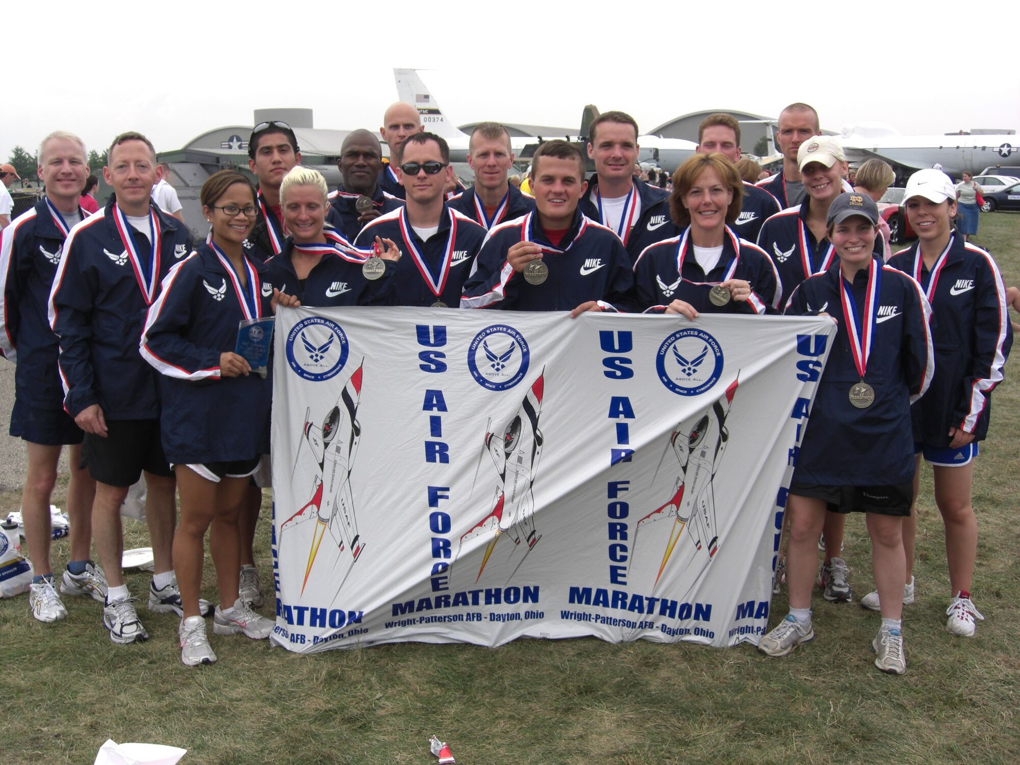 Airman 1st Class Kurt Fisher, 39th Communications Squadron, and the rest of the United States Air Forces in Europe team at the Air Force Marathon at Wright-Patterson Air Force Base, Ohio, Sept. 20. Airman Fisher was hand picked to be a part of the USAFE team for the annual marathon. His time was 3:27:53, placing 146 out of 1,798 participant. (U.S. Air Force photo/Maj. Alex Garcia)