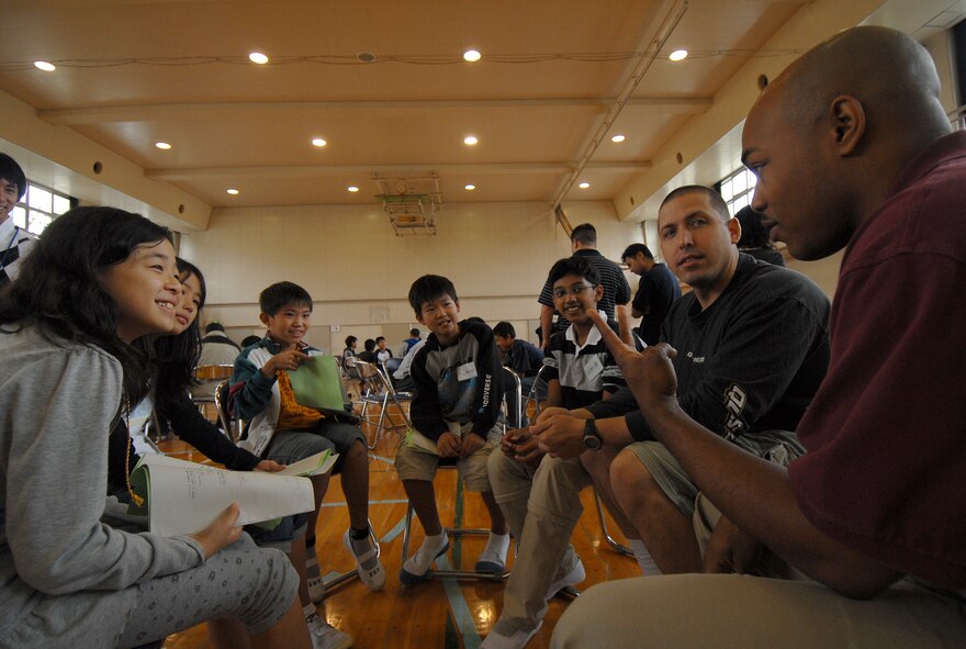 YOKOTA AIR BASE, Japan --Senior Airman Andrew Jones talks to sixth graders from the Fouth Elementary school in Fussa, Japan, during a visit to their school Sept. 30. The elementary school invited approximately 30 military members from Yokota to come out and take part in events that they learn throughout their school day.(U.S. Air Force photo by Senior Airman Laszlo Babocsi)(Released)