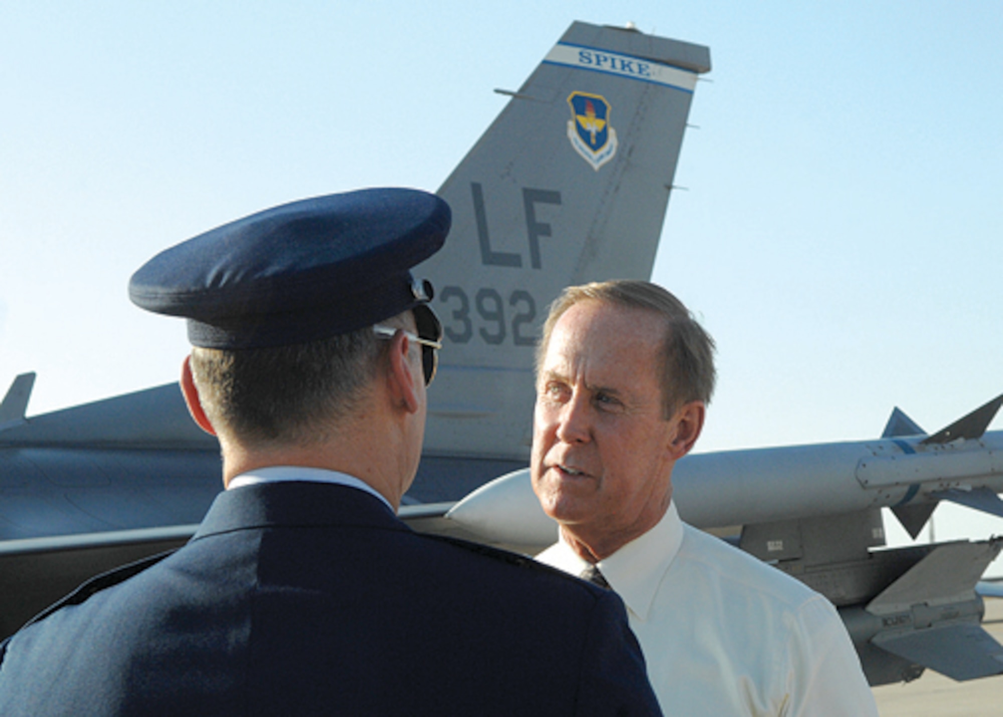 Donald "Don" Luke, nephew of Lt. Frank Luke Jr., Luke AIr Force Base's namesake, speaks with Brig. Gen. Kurt Neaubauer, 56th Fighter Wing commander after looking at the F-16 Fighting Falcon dedicated to Lieutenant Luke on Monday in remembrance of the 90th anniversary of his death. (U.S. Air Force Photo/Tech. Sgt. Jeffery Wolfe.)